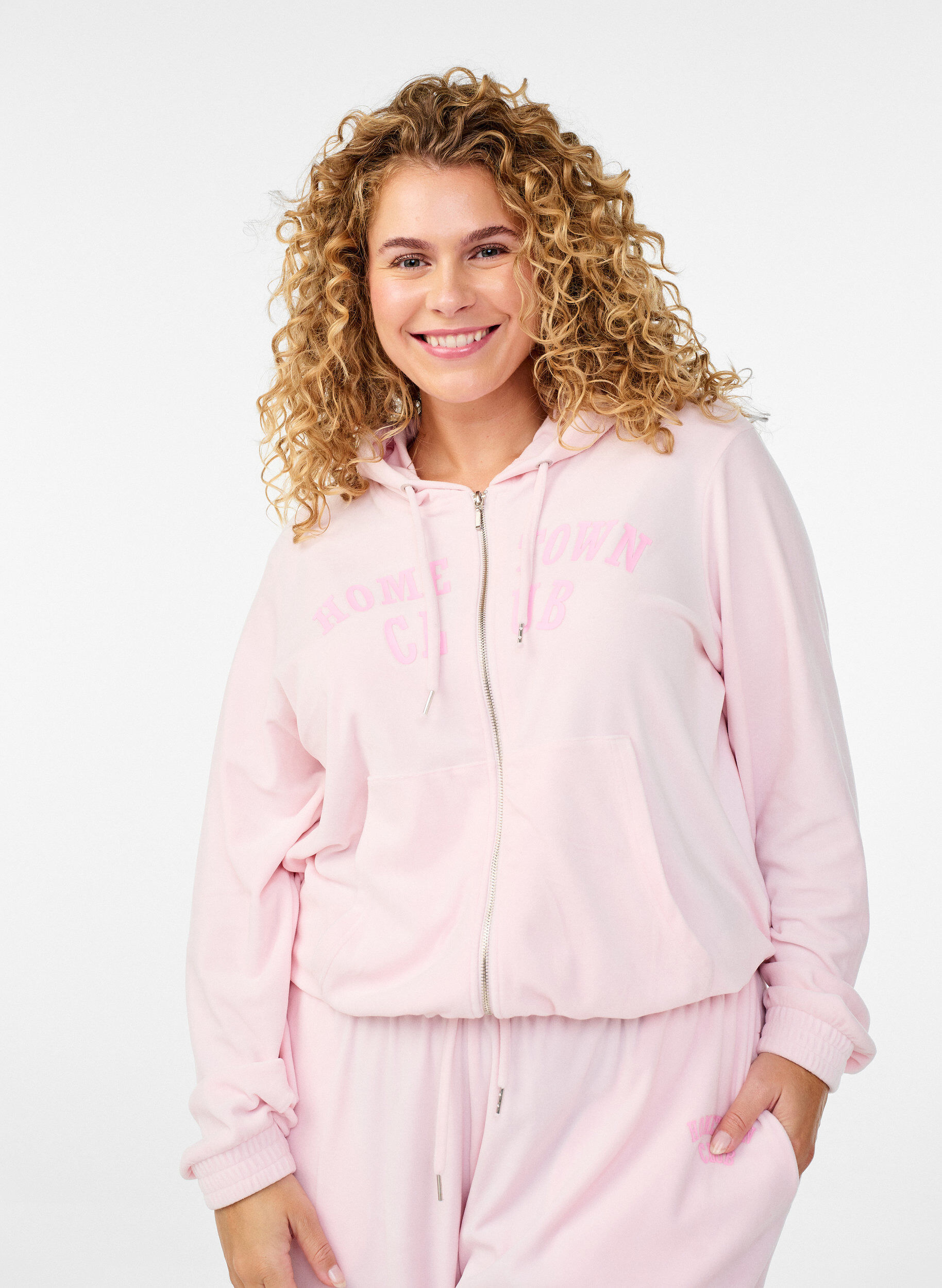 Zizzi Sweat &agrave; capuche zipp&eacute; en velours doux, Rose, Model image number 0