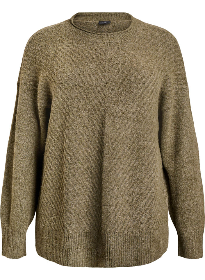 Blouse en maille avec motif c&ocirc;tel&eacute; en V et fentes, Vert Kaki, Packshot image number 0
