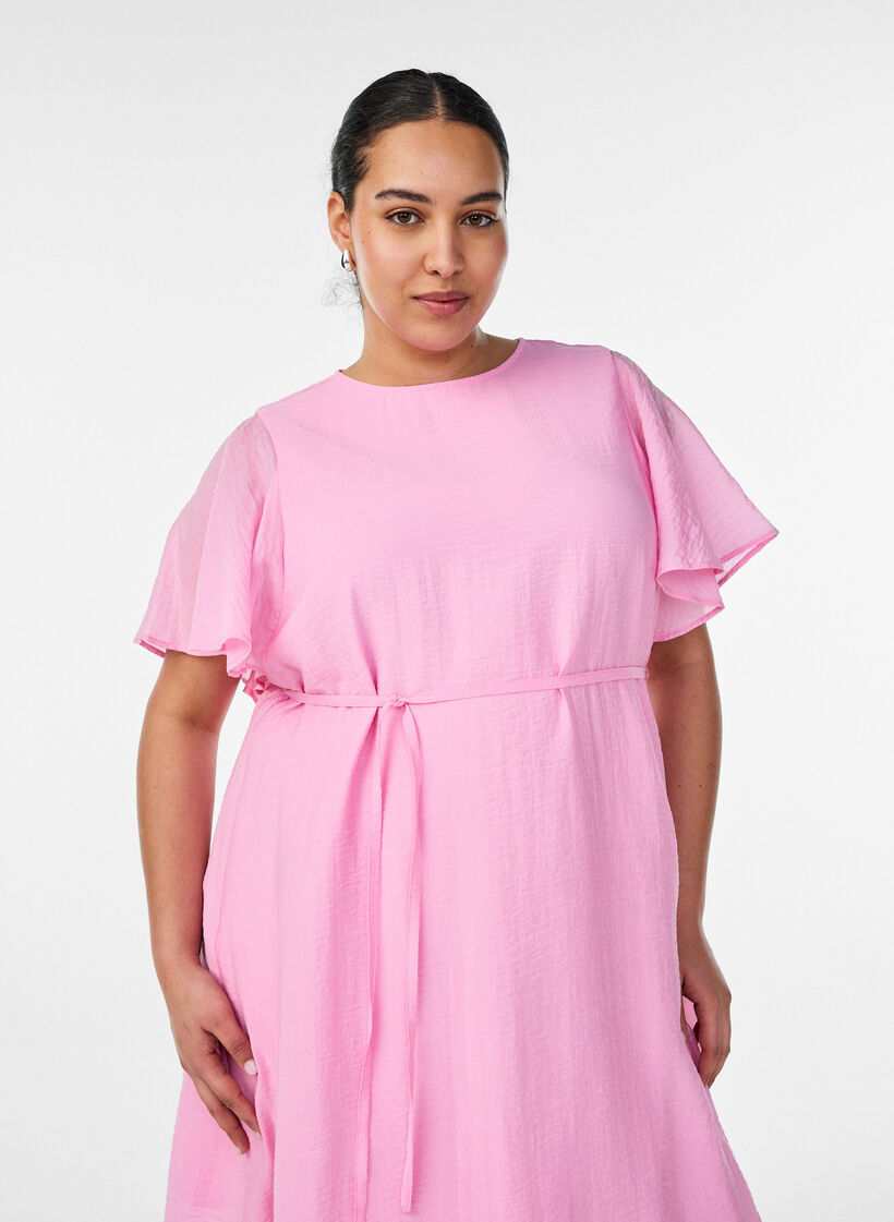 Kn&ouml;chellanges Kleid mit Fl&uuml;gel&auml;rmeln und Bindeg&uuml;rtel, Pink, Model image number 2