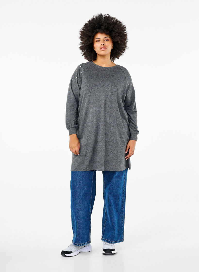 Robes à manches longues avec perles, Gris anthracite, Model image number 1