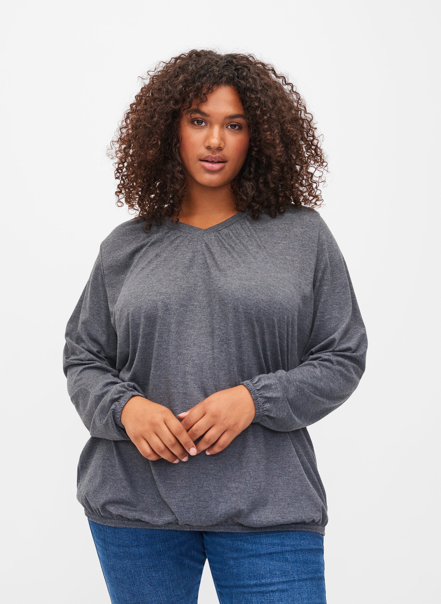 Zizzi Blouse m&eacute;lang&eacute;e &agrave; manches longues et coupe en V, Dark Grey Melange, Model image number 0