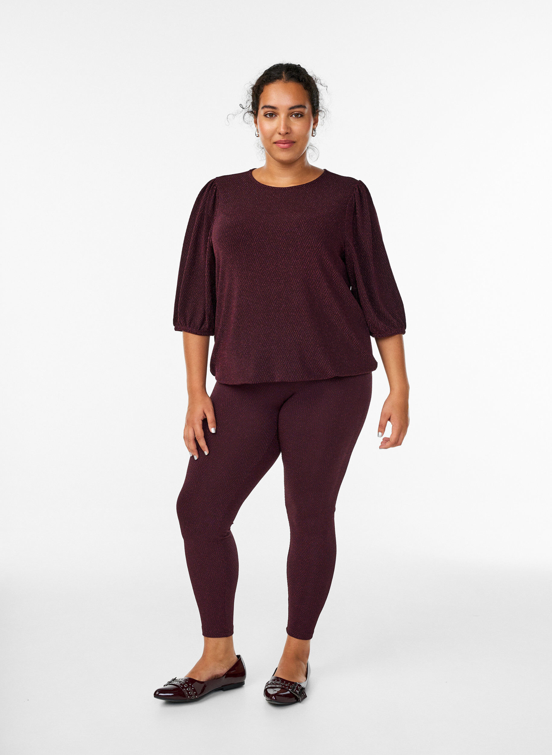 Zizzi Leggings mit Glitzermuster, Dunkles Bordeaux, Model image number 1