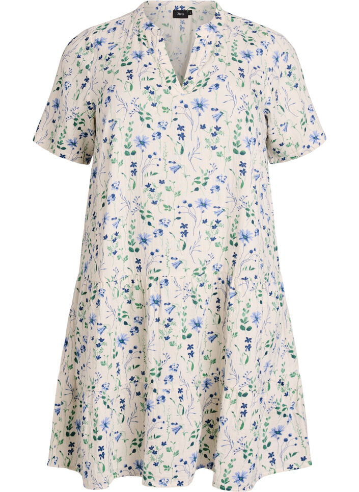 Robe courte &eacute;vas&eacute;e en mousseline de coton, Beige, Packshot image number 0