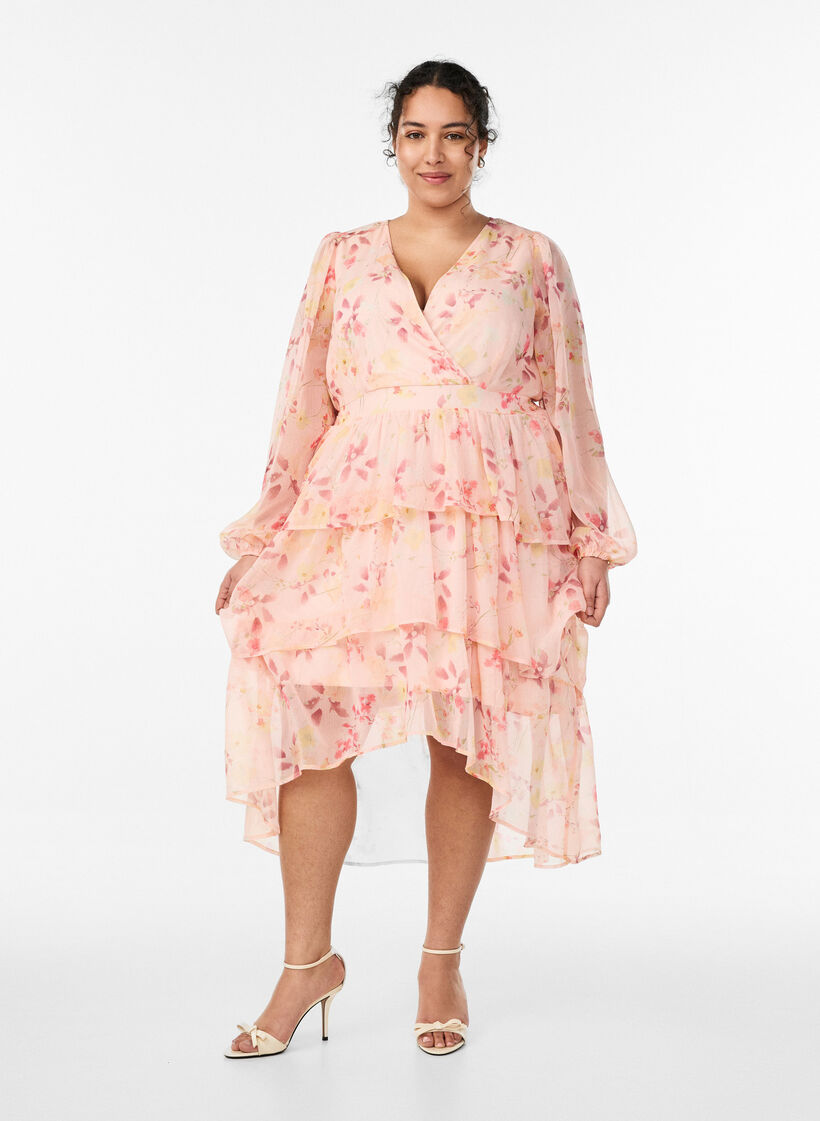 Robe midi &agrave; fleurs en mousseline avec taille smock&eacute;e, Orange clair, Model image number 0