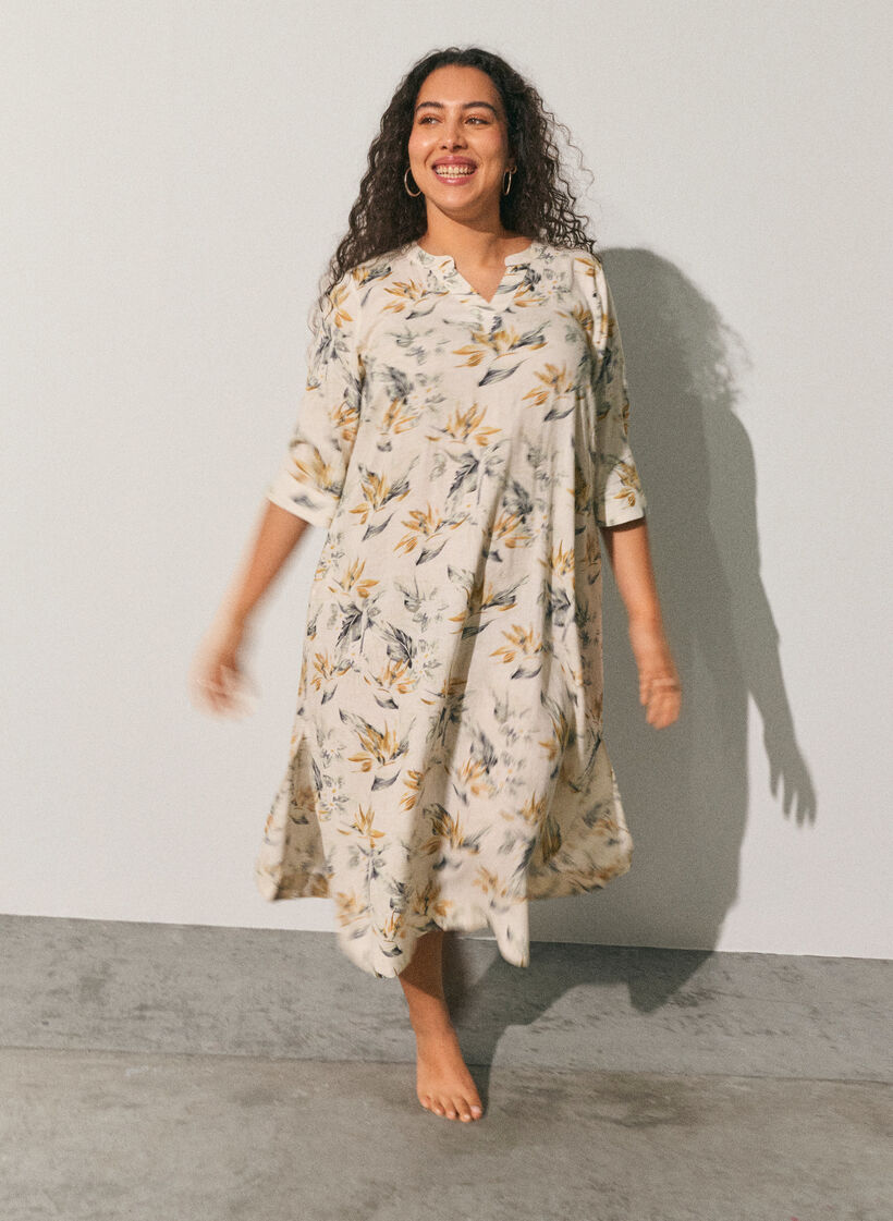Robe midi en lin et viscose avec manches mi-longues, Blanc, Image image number 0