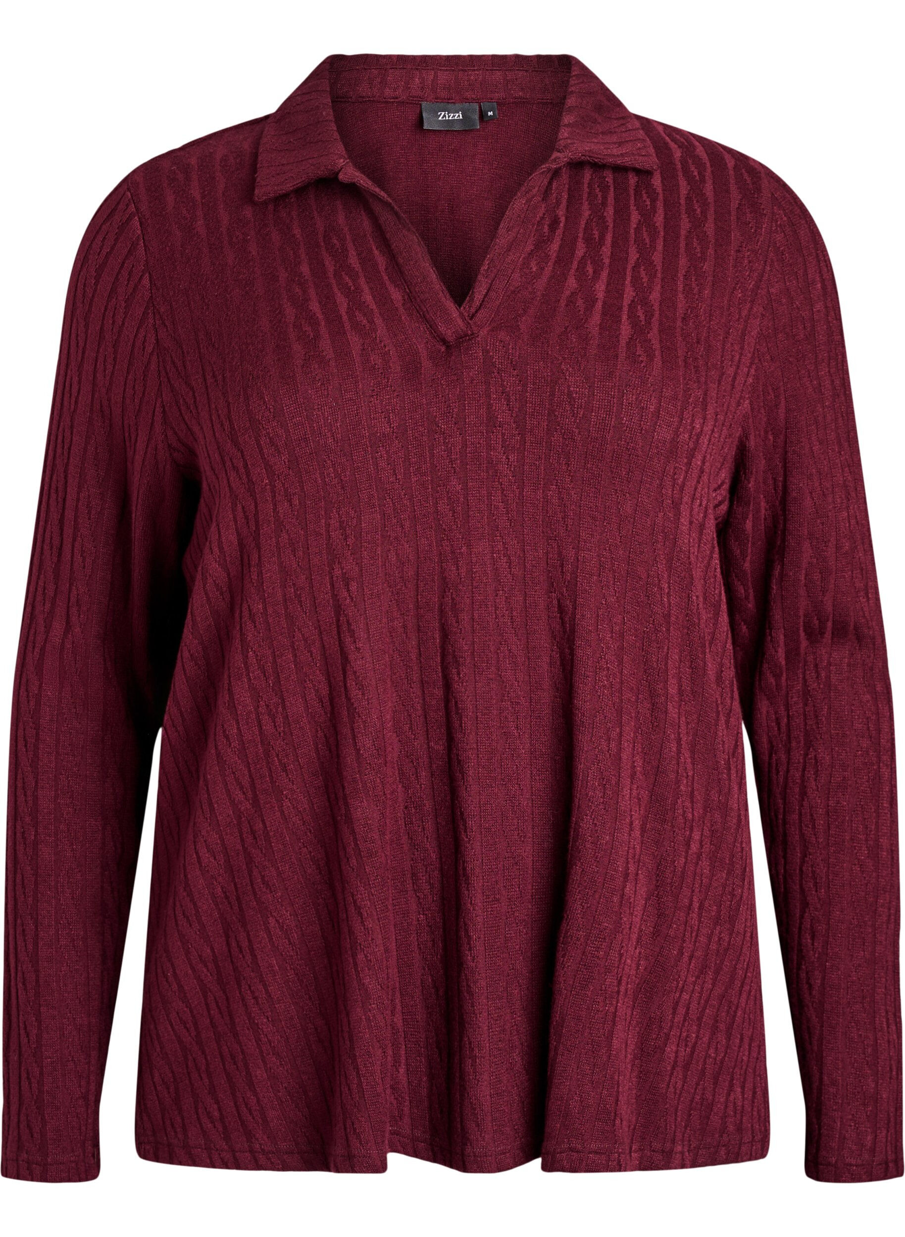 Zizzi Blouse en maille avec col et motif torsad&eacute;, Bordeaux fonc&eacute;, Packshot image number 0