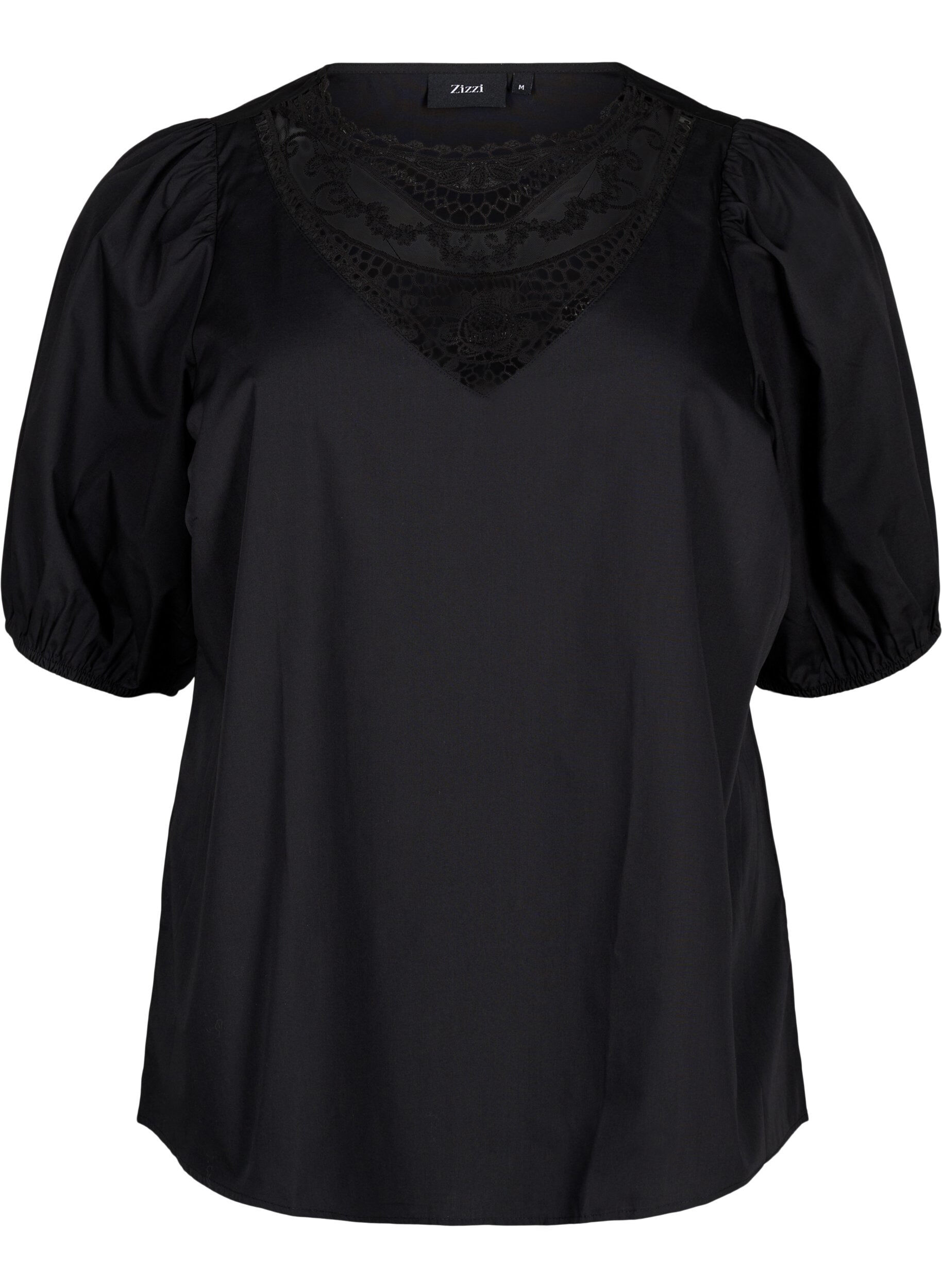 Zizzi Kurz&auml;rmelige Bluse mit Spitzendetail, Black, Packshot image number 0
