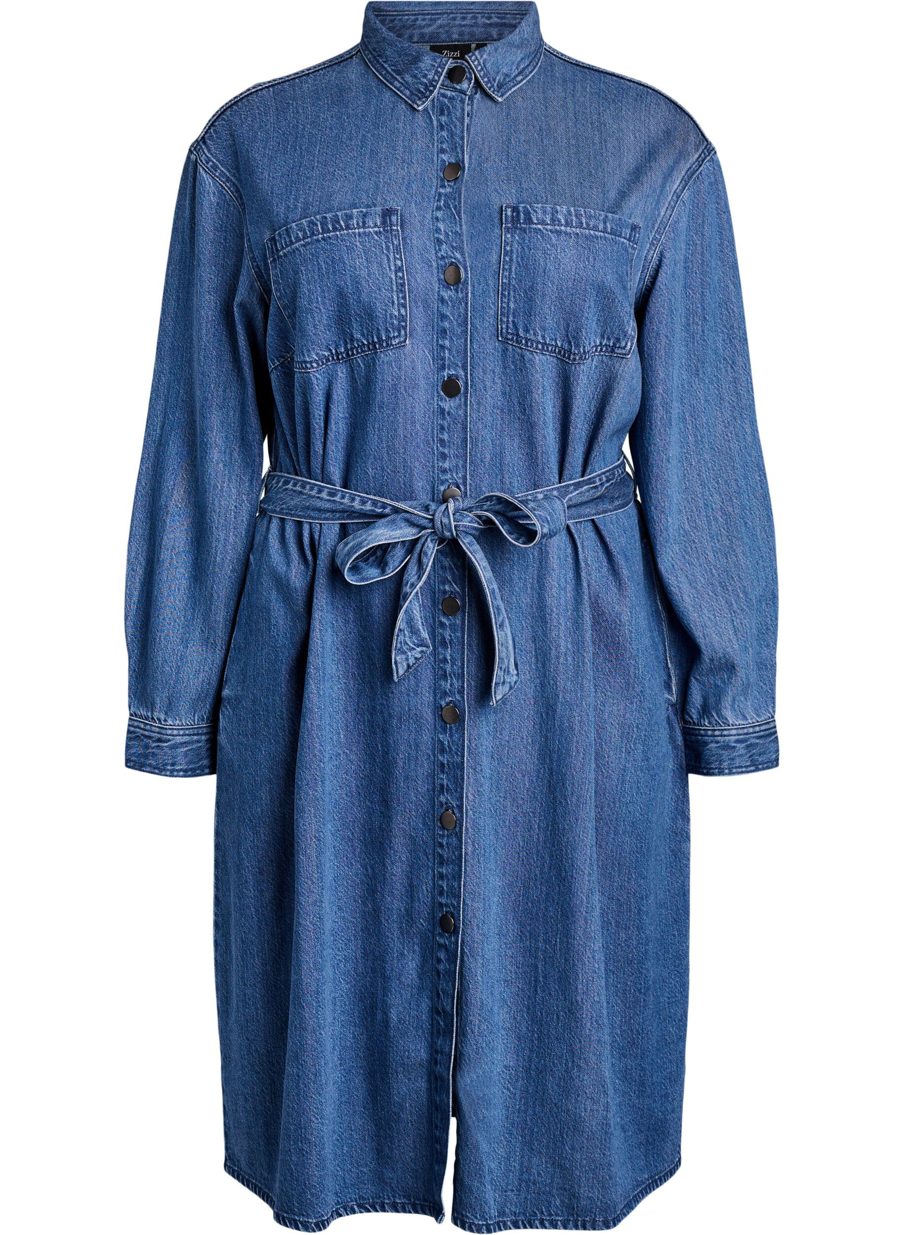 Robe chemise en denim avec ceinture &agrave; nouer et poches lat&eacute;rales