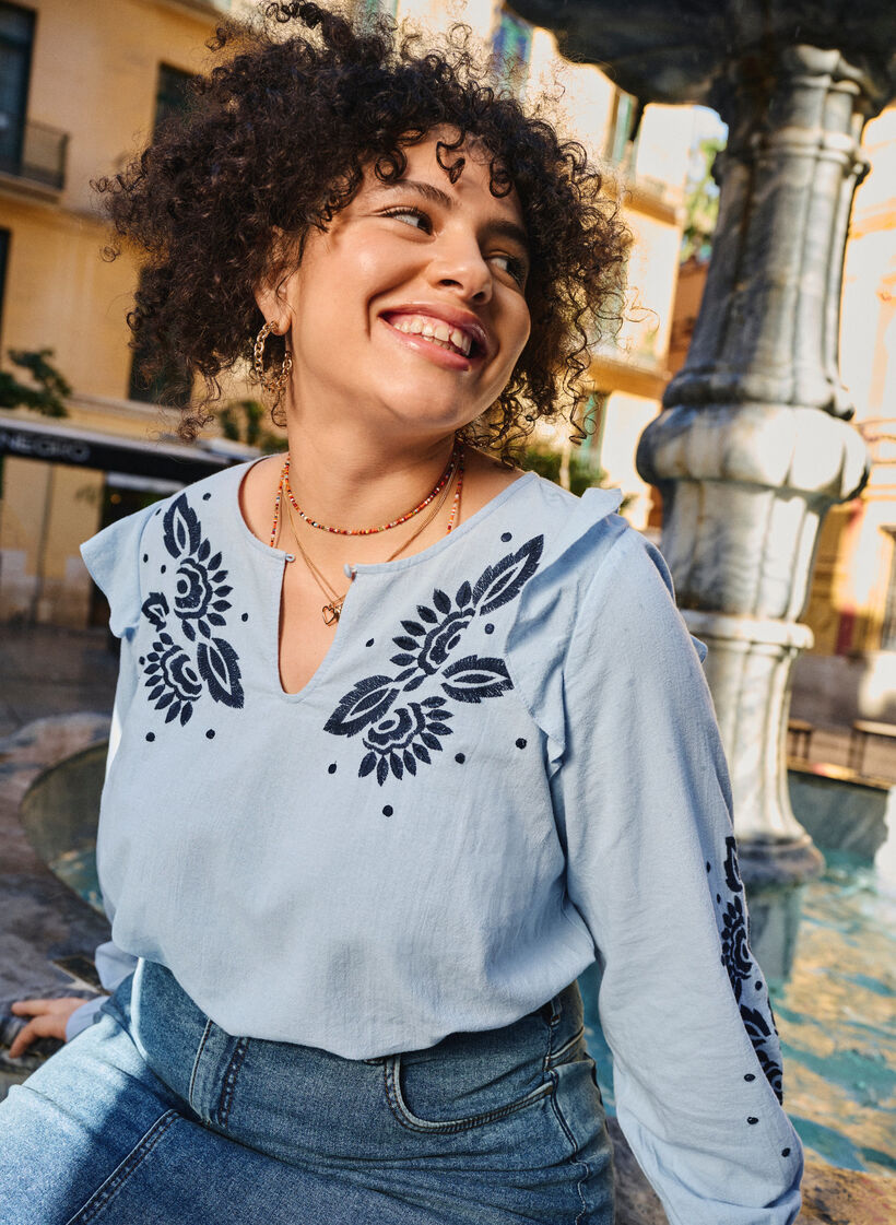 Chemisier en coton avec des détails brodés et des volants., Bleu Clair, Image image number 0