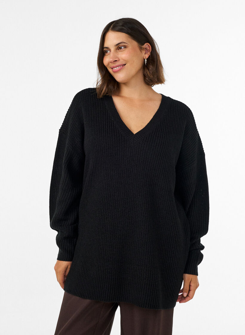 Lange Rippstrickbluse mit V-Ausschnitt, Schwarz, Model image number 0