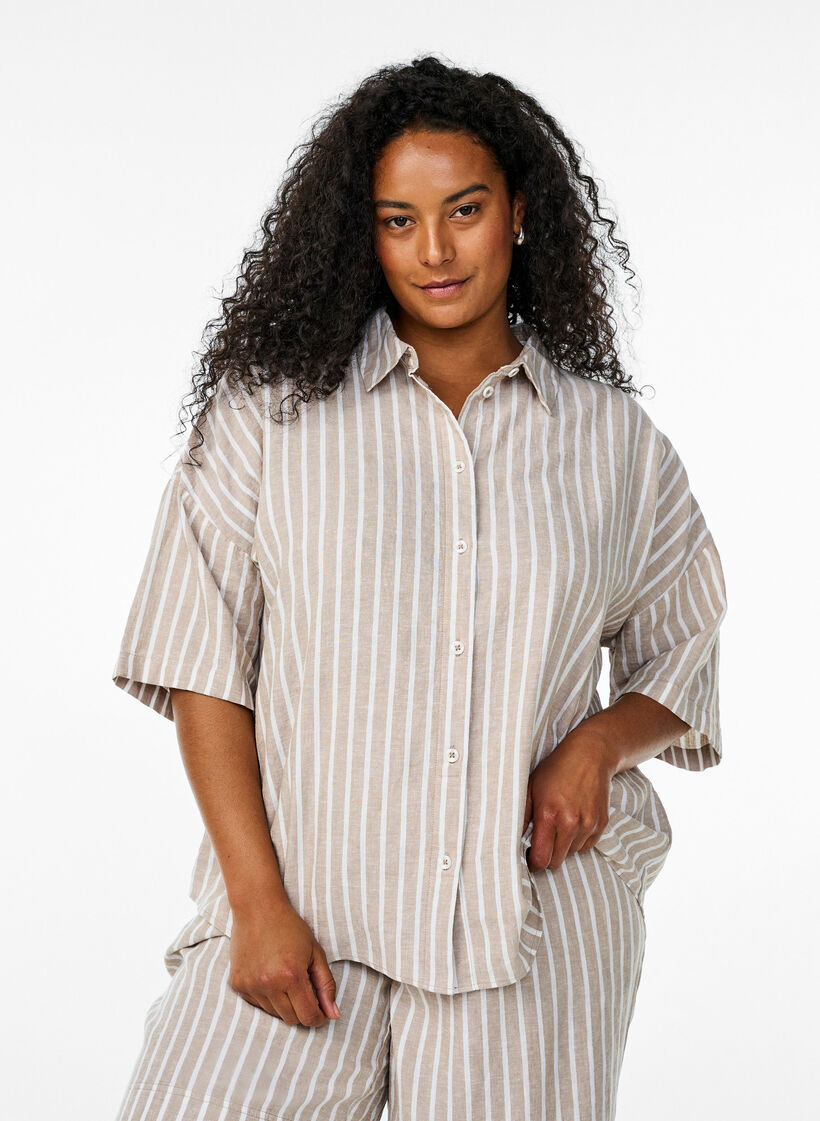 Gestreiftes Hemd aus Leinen und Viskose, Beige, Model image number 0