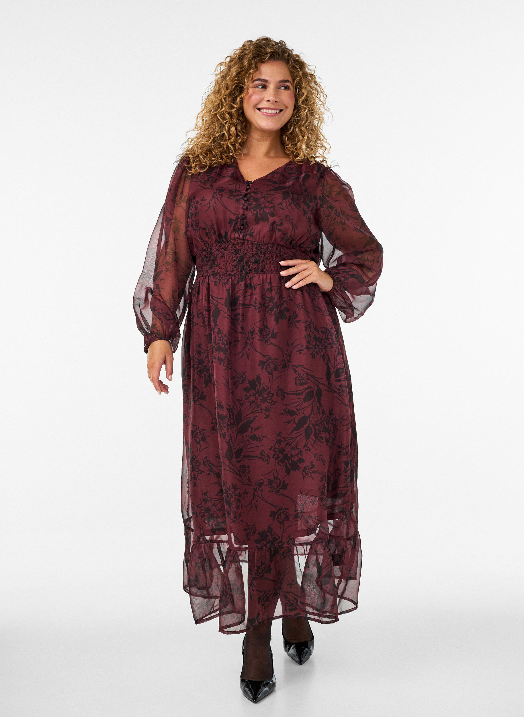 Maxikleid mit floralem Print und Smock, Dunkles Bordeaux, Model