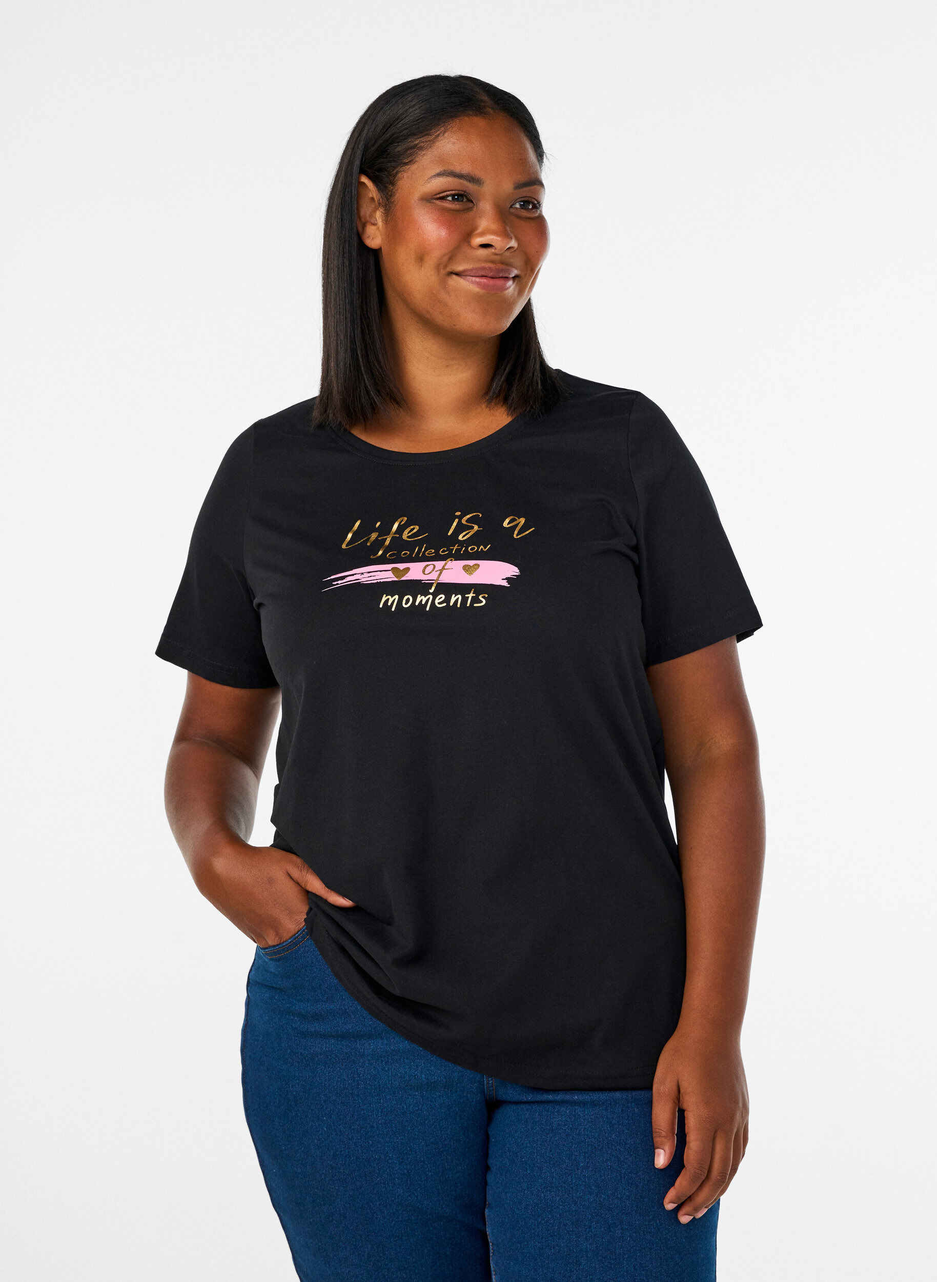 T-Shirt mit Motiv, Schwarz, Model