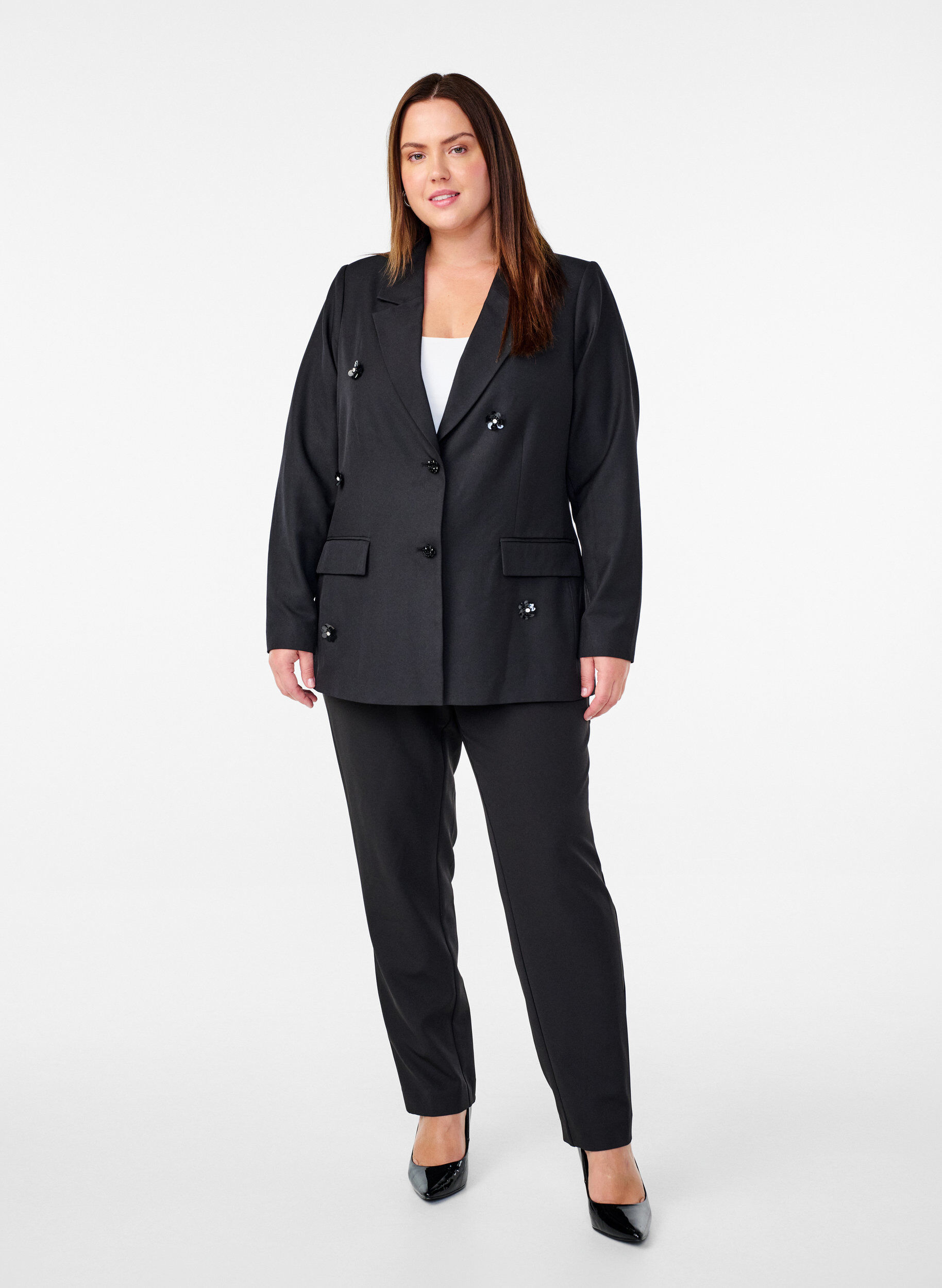 Zizzi Blazer mit Pailletten-Blumen, Black, Model image number 3