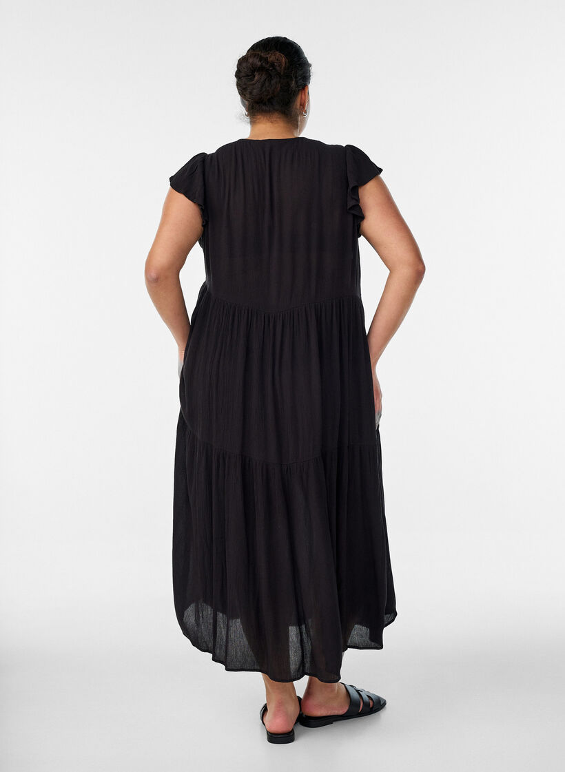Midikleid aus Viskose mit R&uuml;schen&auml;rmeln, Schwarz, Model image number 1