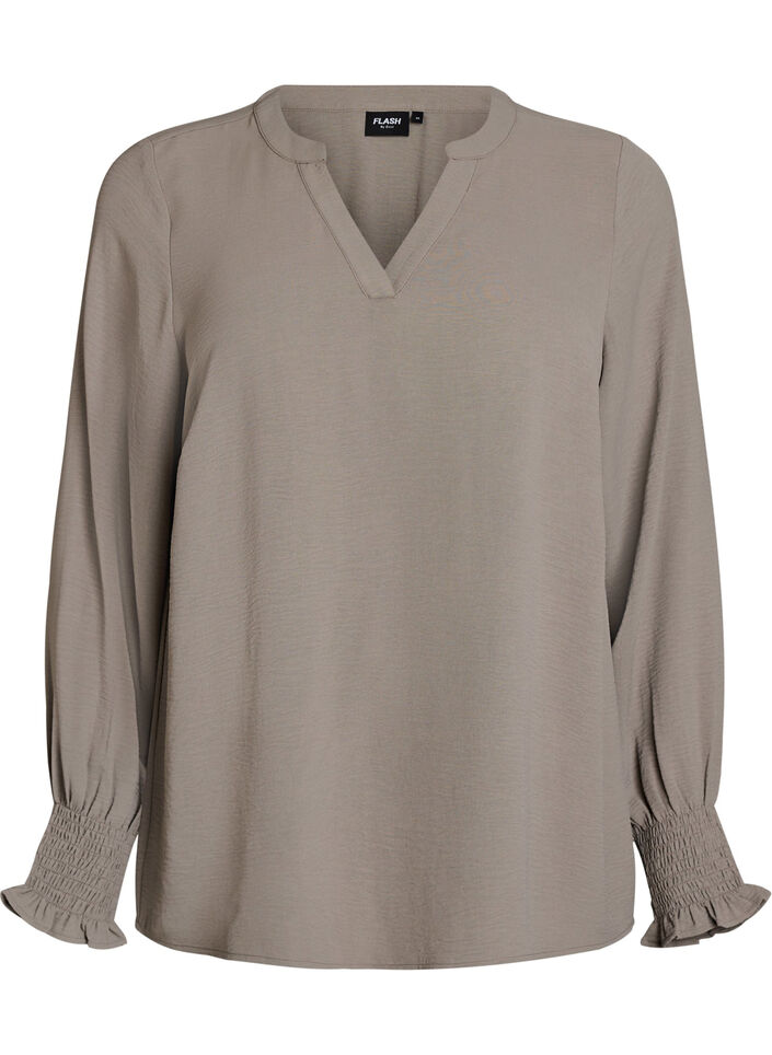 Blouse avec poignets smock&eacute;s et col en V, Beige, Packshot image number 0