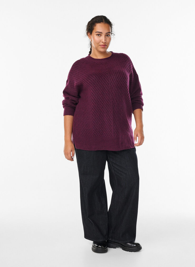 Strickbluse mit V-f&ouml;rmigem Rippenmuster und Schlitzen, Lila, Model image number 1
