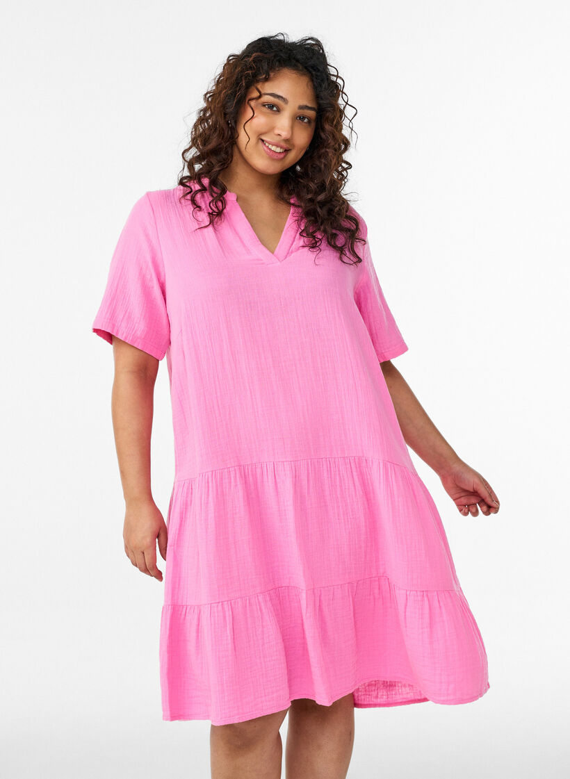 Kurzes A-Linien-Kleid aus Baumwollmusselin, Pink, Model image number 0