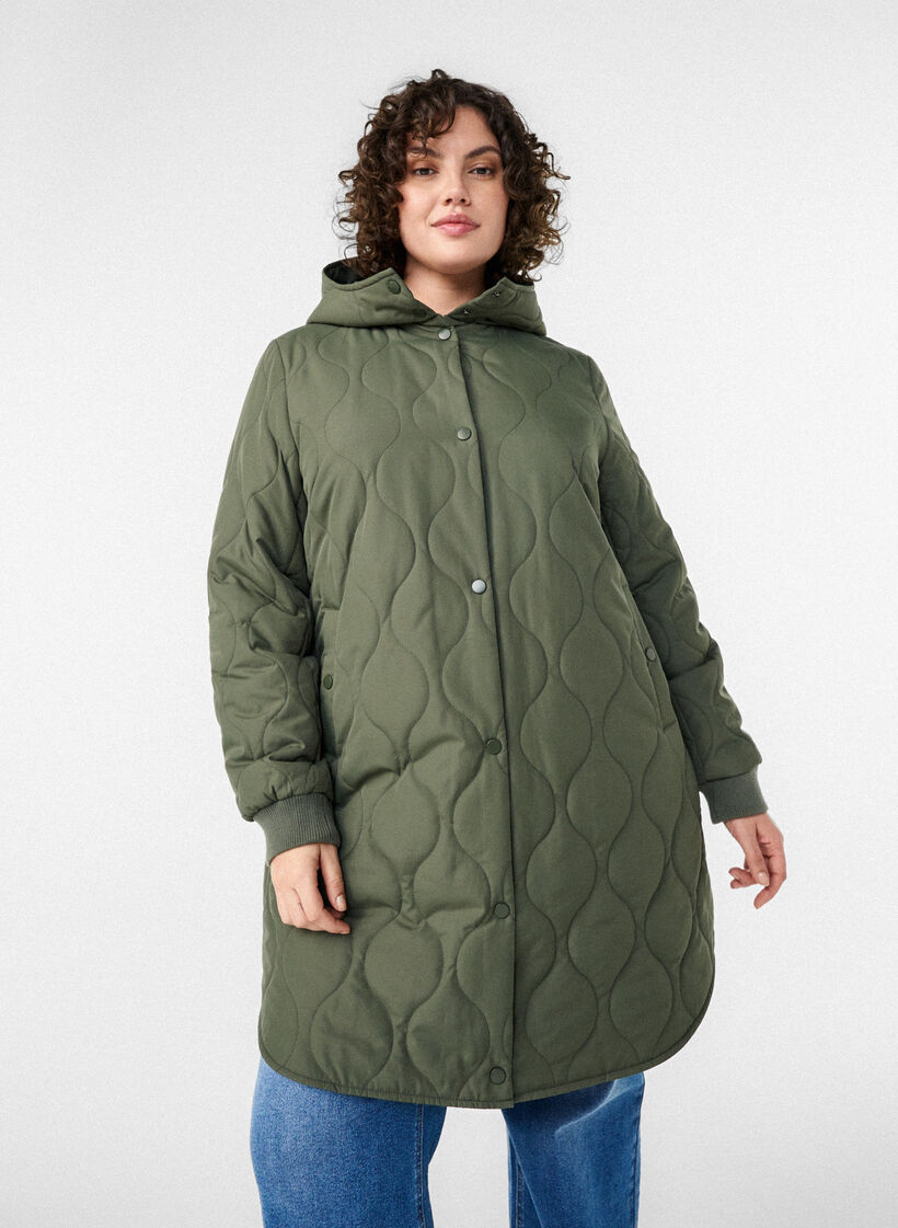 Veste matelass&eacute;e mi-longue avec capuche, Vert, Model image number 3
