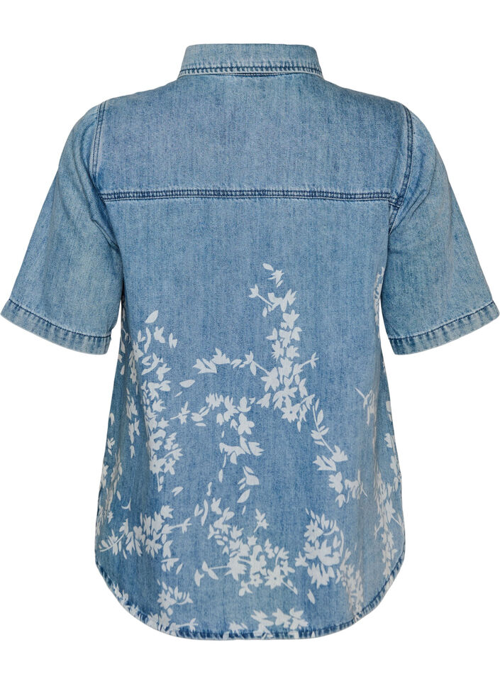 Jeanshemd mit Blumenprint und kurzen &Auml;rmeln, Blau, Packshot image number 1