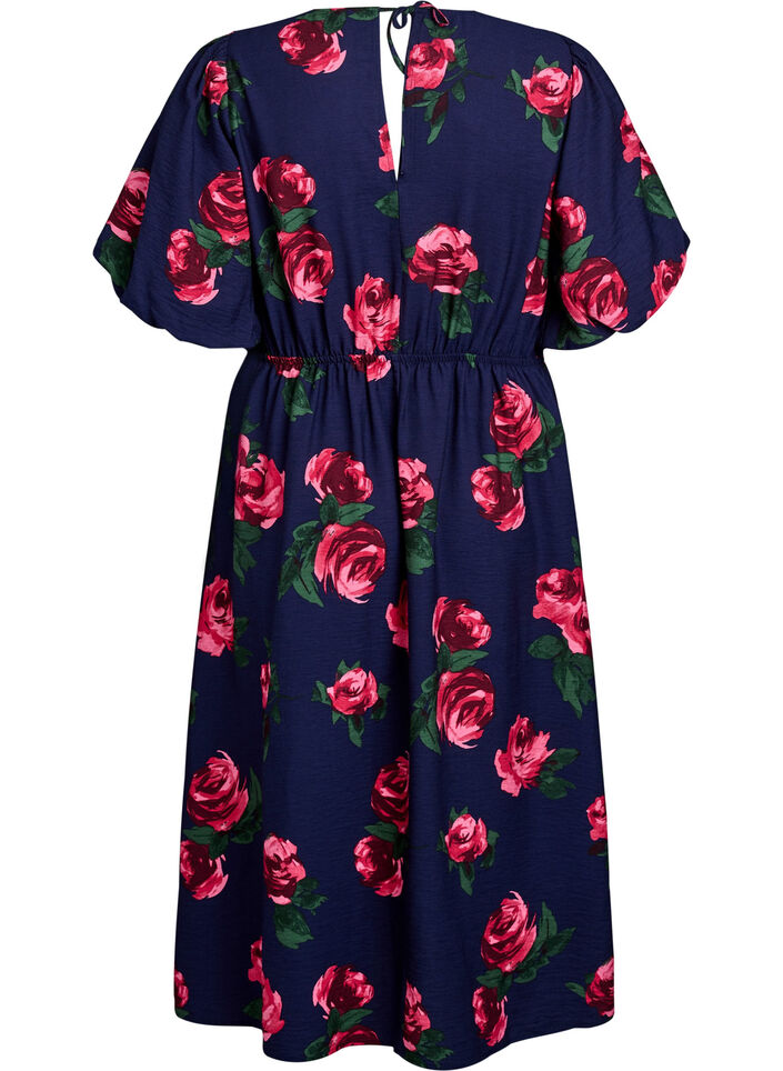 Robe midi &agrave; imprim&eacute; roses et manches courtes bouffantes, Bleu, Packshot image number 1