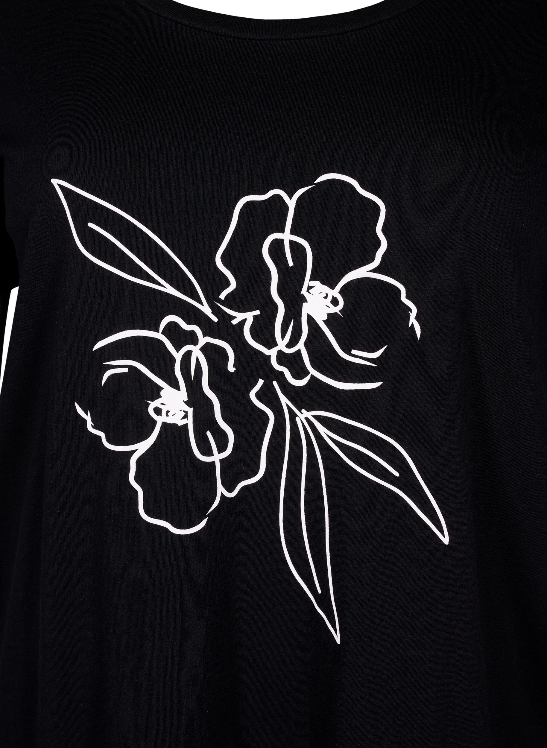 Zizzi Baumwoll-T-Shirt mit Motiv, Black w. Flower, Packshot image number 2