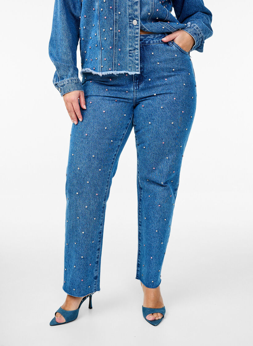 Jeans Gemma taille haute avec strass, Bleu, Model image number 2