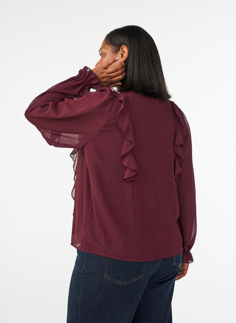 Transparente Bluse mit R&uuml;schen und Bindeband, Rot, Model image number 2