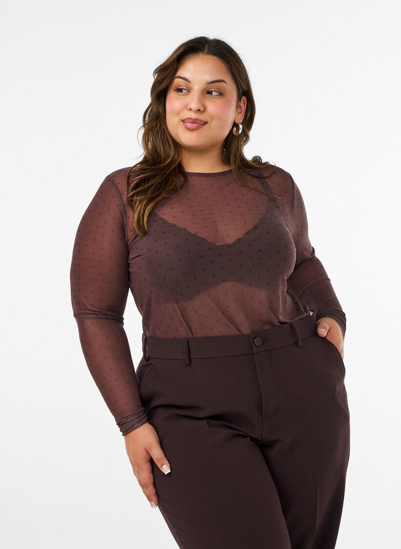 Bluse aus Mesh mit Print, Braun, Model image number 0