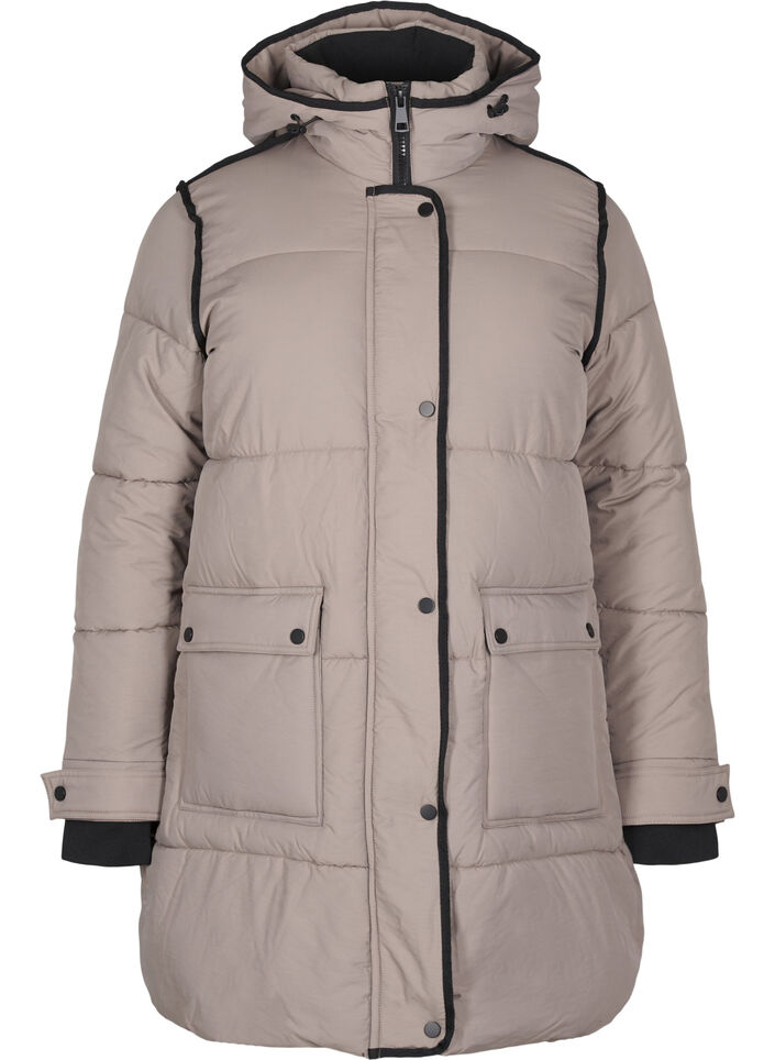Steppjacke mit Kapuze und Kontrastdetails, Beige, Packshot image number 0