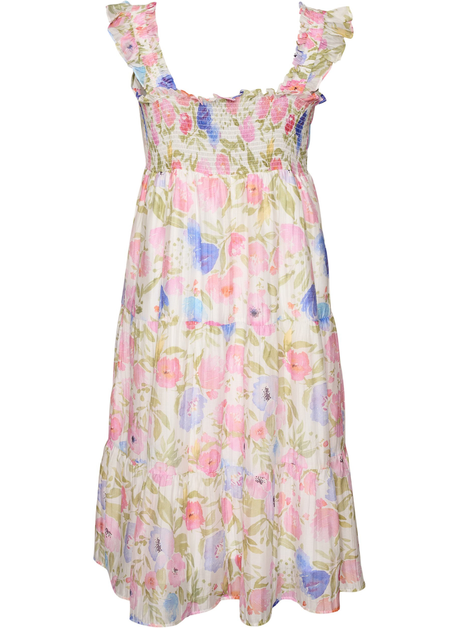 ZizziRobe longue fleurie en lyocell avec volants, Blanc, Packshot image number 1