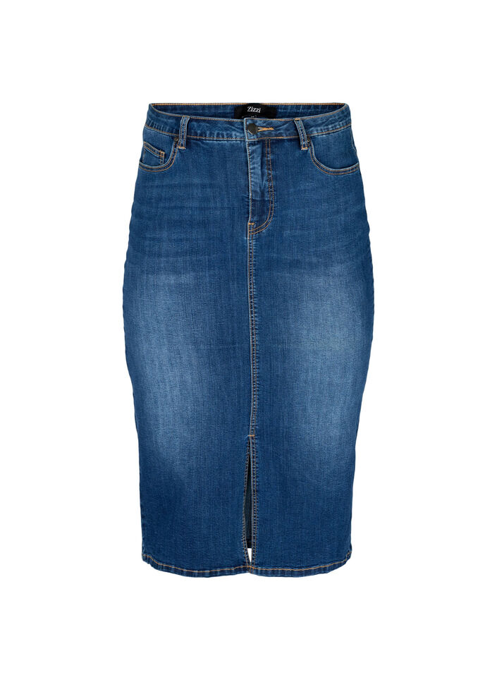 Jupe midi en jean avec fente, Bleu, Packshot image number 0