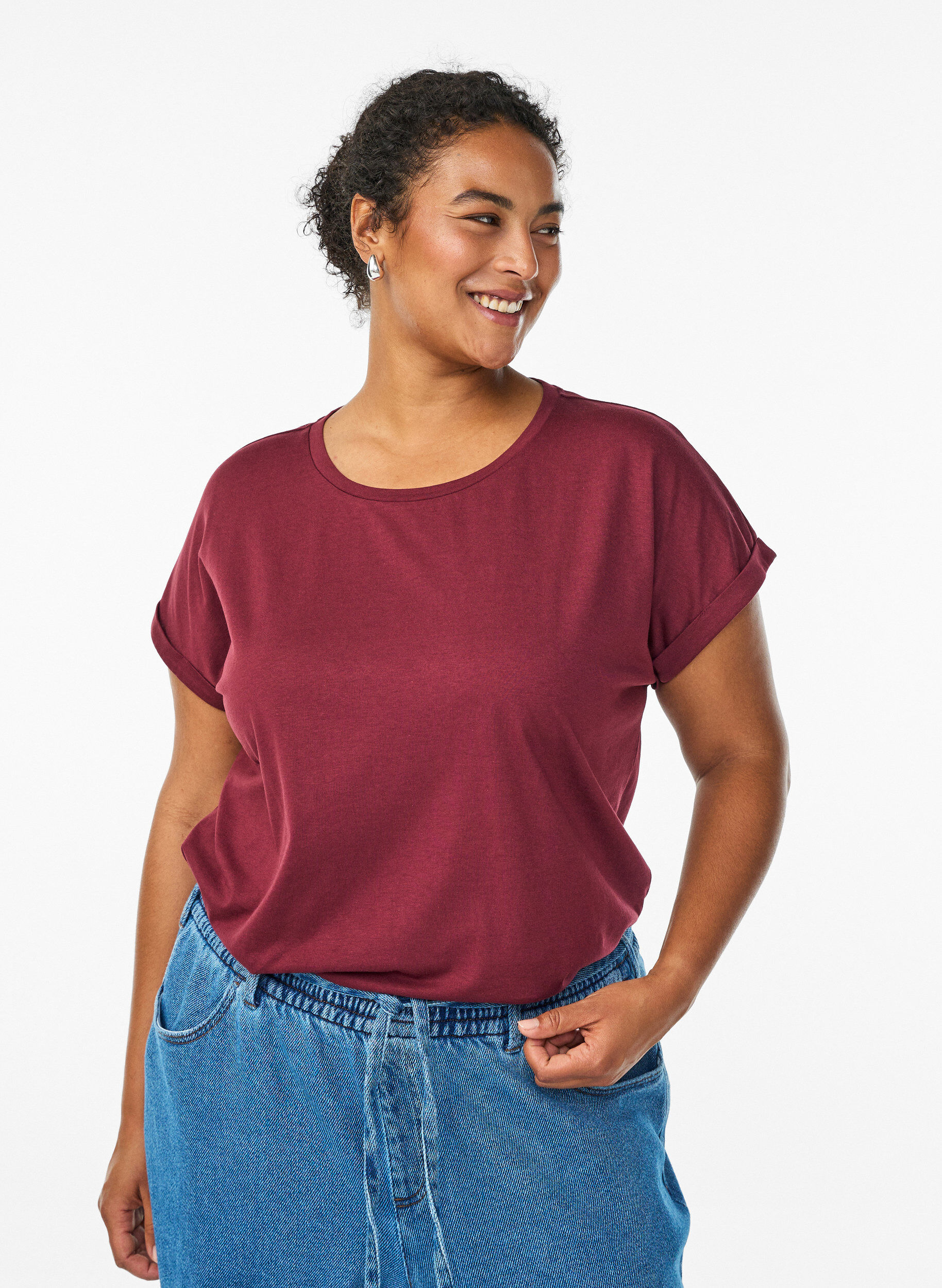 ZizziKurz&auml;rmliges T-Shirt aus einer Baumwollmischung, Dunkles Bordeaux, Model image number 0