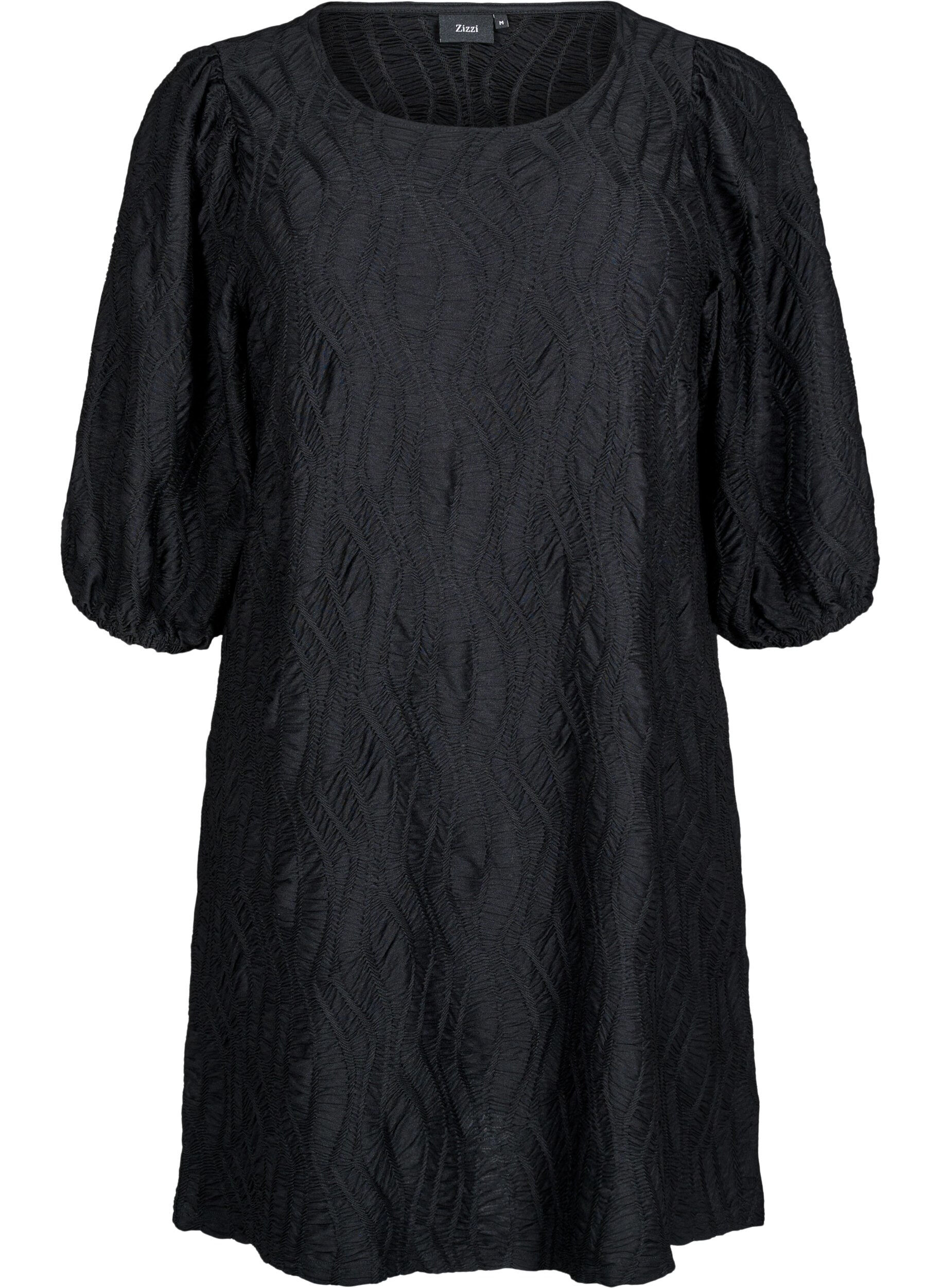 Zizzi Kurzes Kleid mit Struktur und 3/4-&Auml;rmeln, Schwarz, Packshot image number 0
