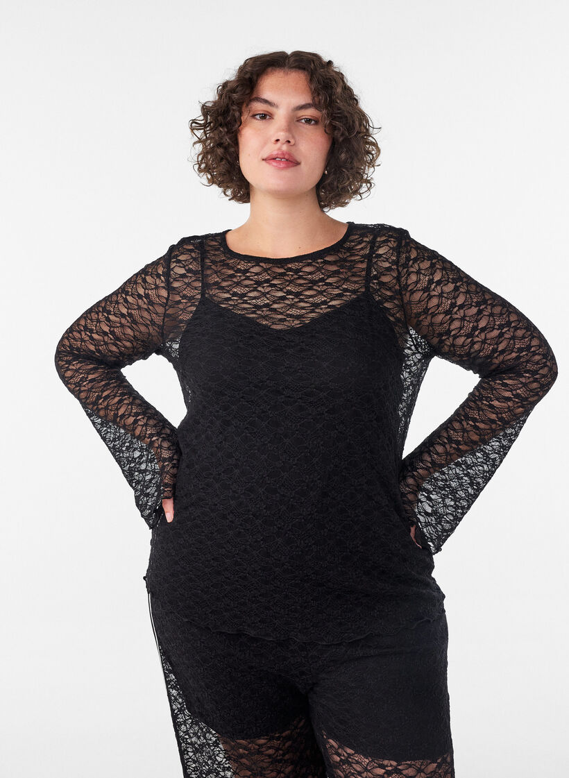 Blouse en dentelle transparente avec manches longues, Noir, Model image number 0