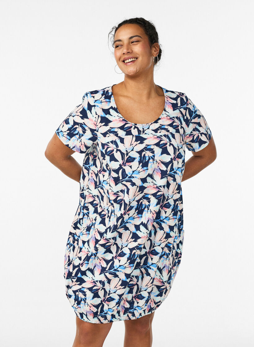 Robe en coton &agrave; manches courtes avec imprim&eacute;, Bleu, Model image number 0