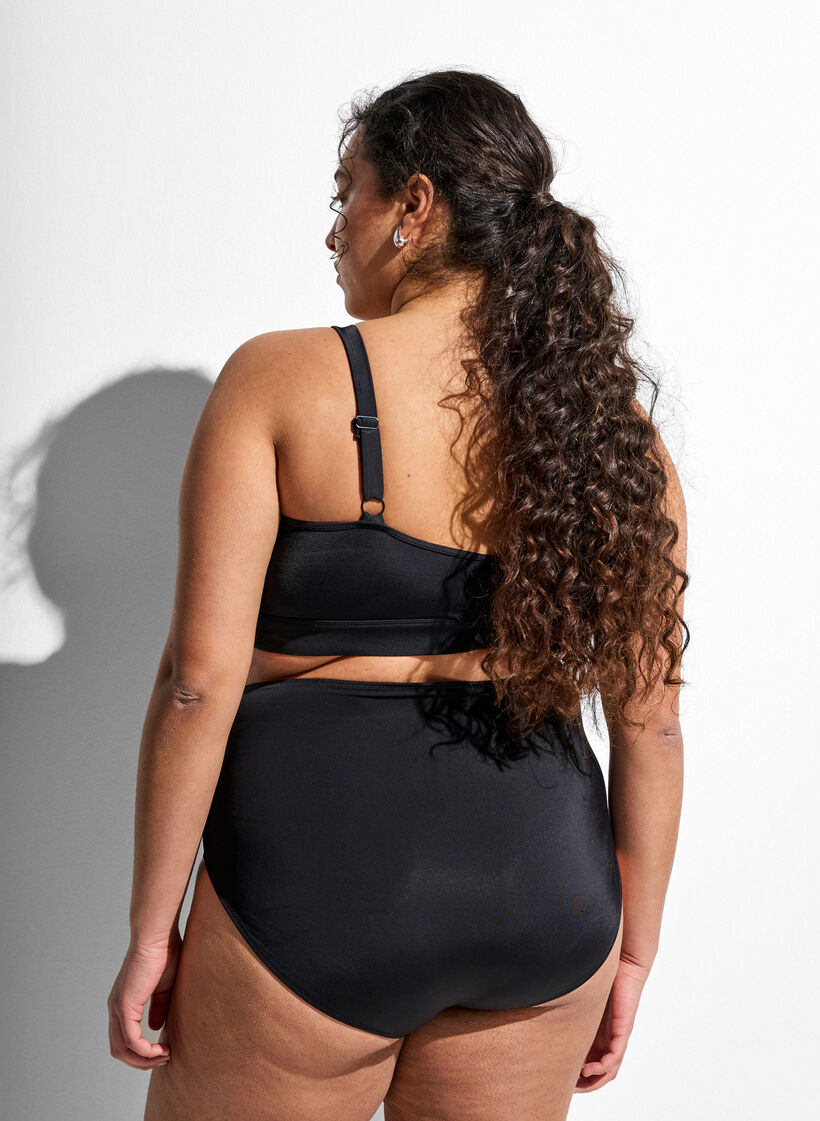 Bas de bikini taille haute uni, Noir, Model image number 1
