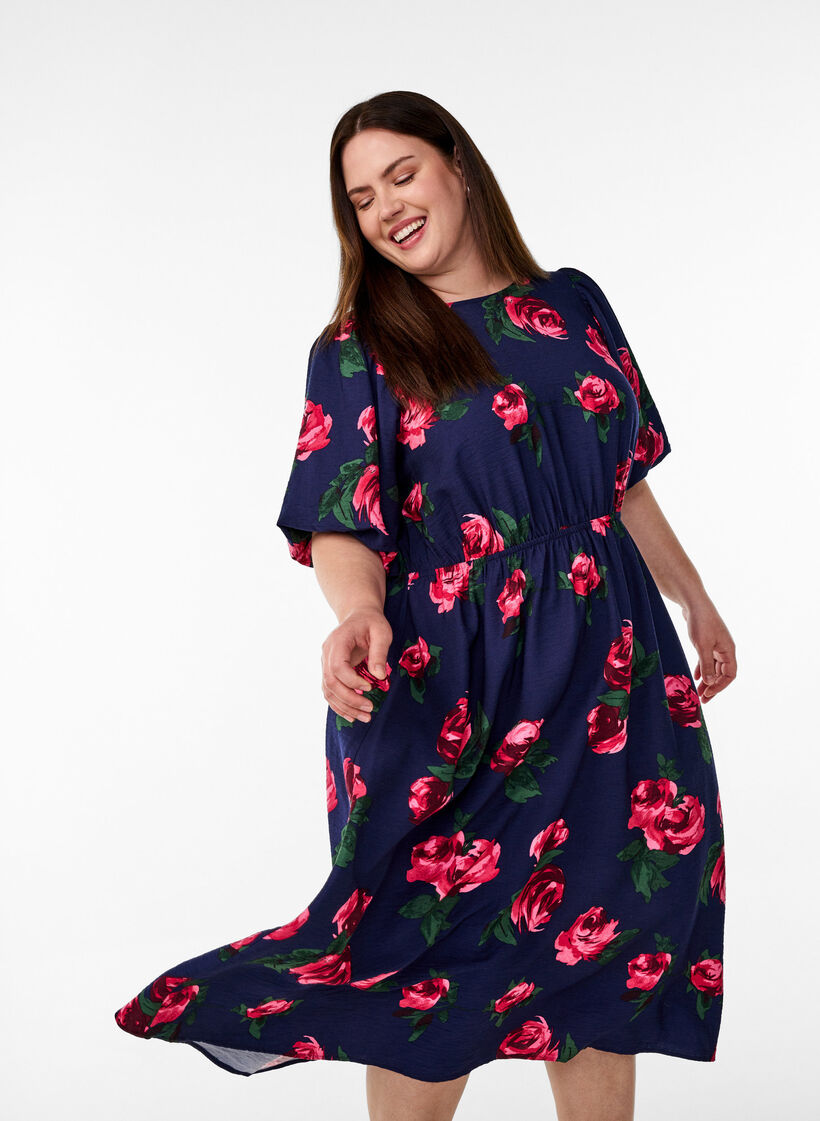 Robe midi &agrave; imprim&eacute; roses et manches courtes bouffantes, Bleu, Model image number 3