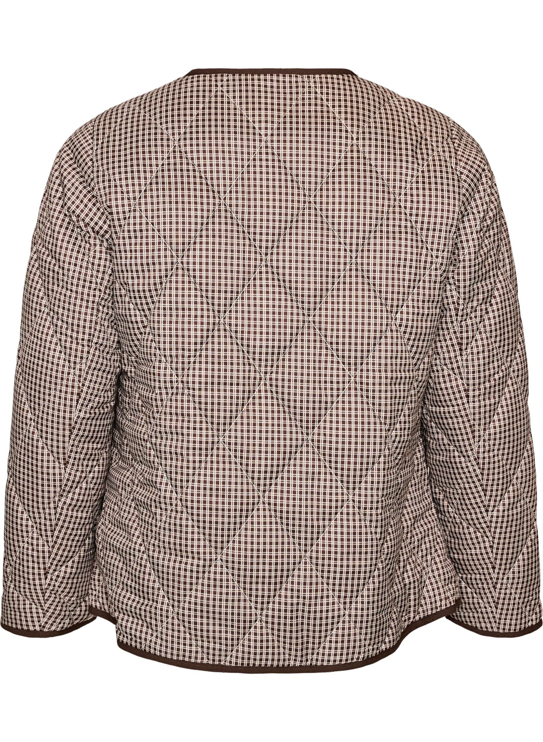 ZizziSteppjacke mit kleinem Karomuster und Kontrastbesatz, Braun, Packshot image number 1