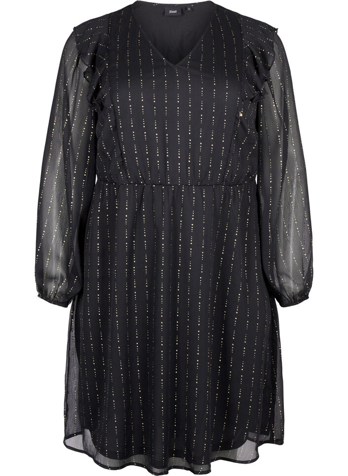 Gemustertes Chiffonkleid mit Rüschen, Black, Packshot image number 0