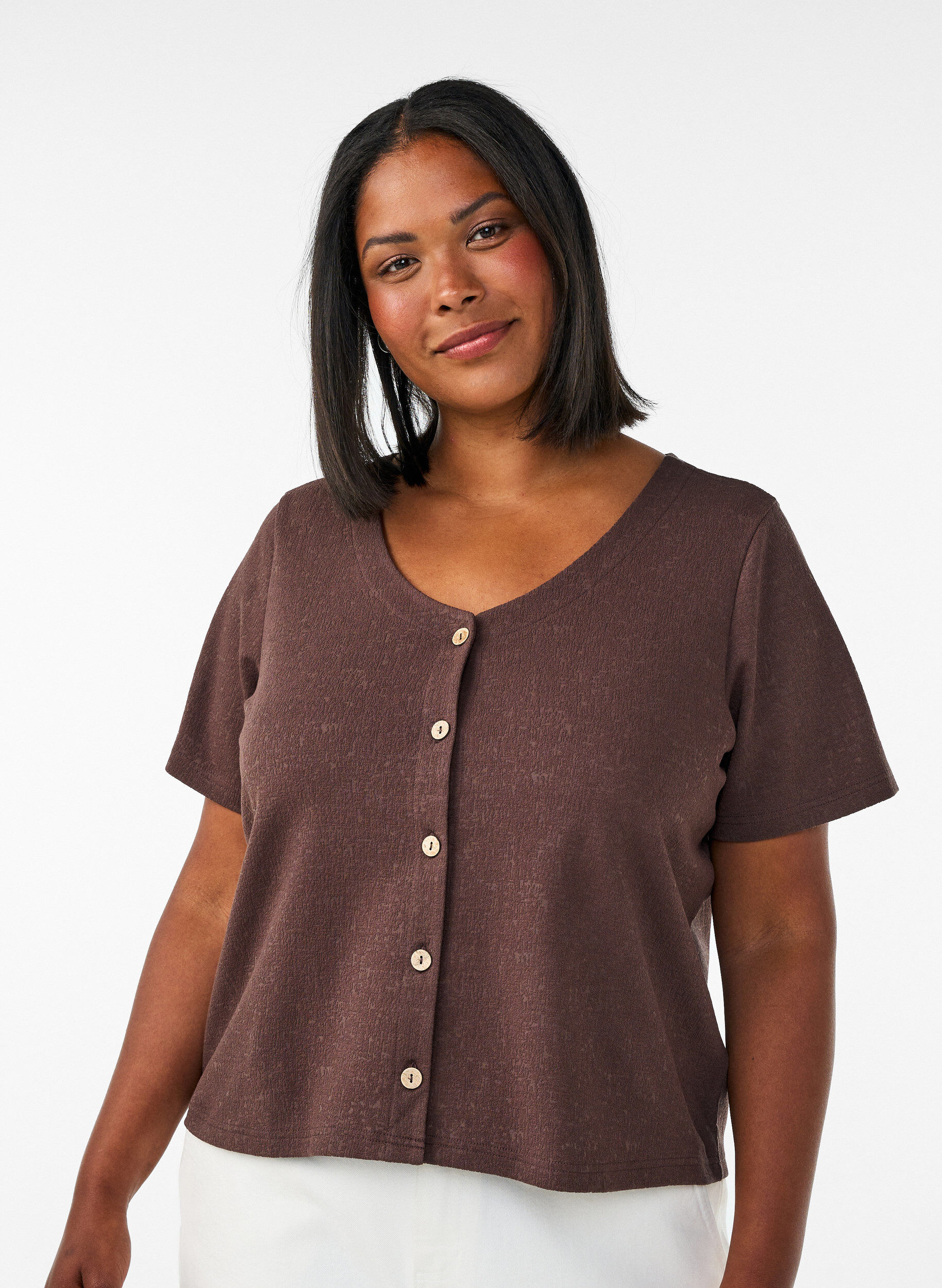 Blouse en coton textur&eacute; avec fermeture &agrave; boutons, Marron, Model