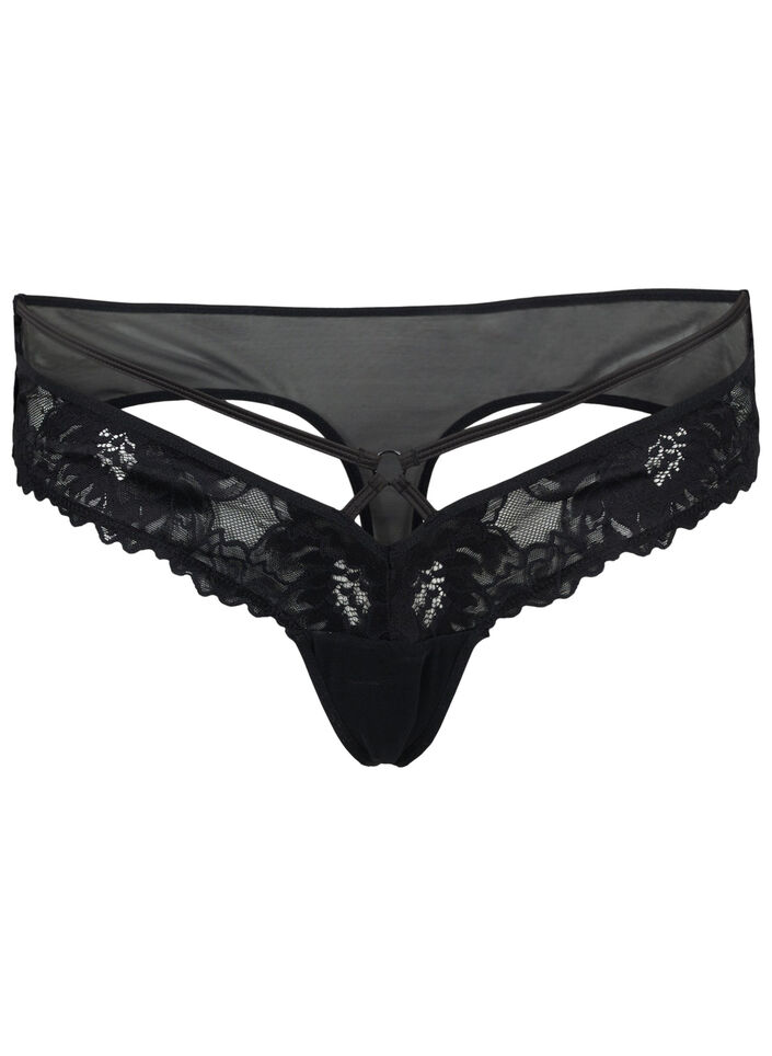 Spitzen G-String mit Mesh, Black, Packshot image number 0