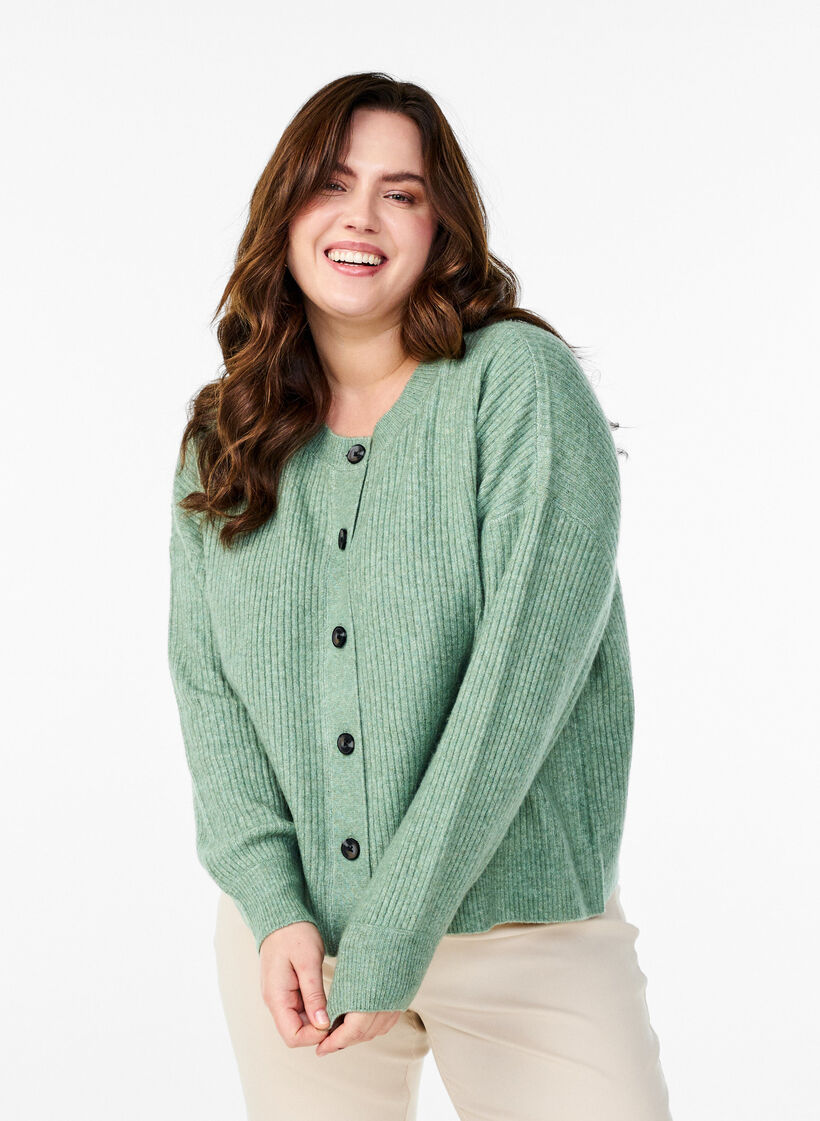 Cardigan en tricot côtelé avec boutons, Vert clair, Model image number 0