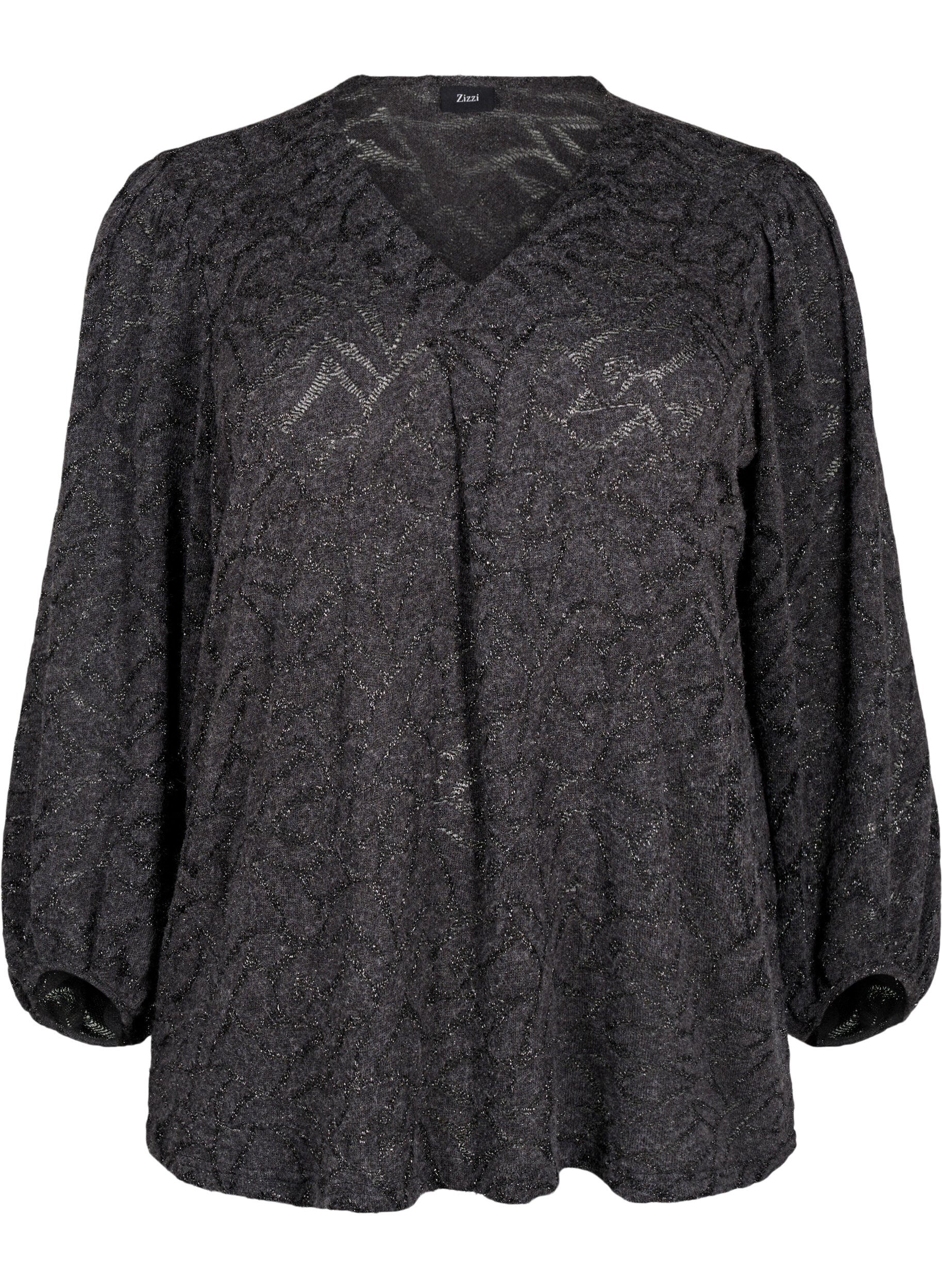 Zizzi Lang&auml;rmlige Bluse mit Glitzer und Muster, Grau, Packshot image number 0