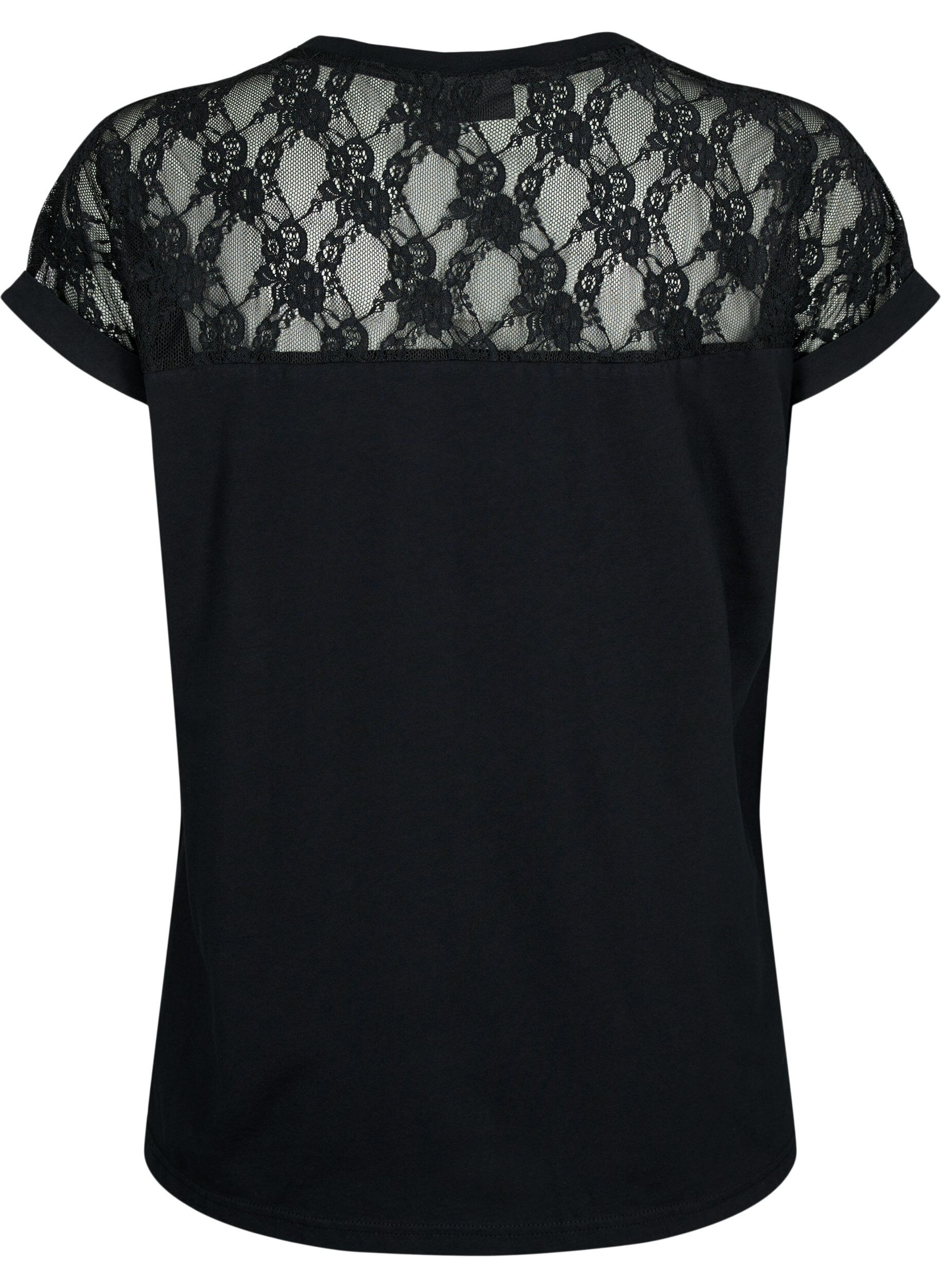 Zizzi T-shirt en coton &agrave; manches courtes avec dentelle, Black, Packshot image number 1