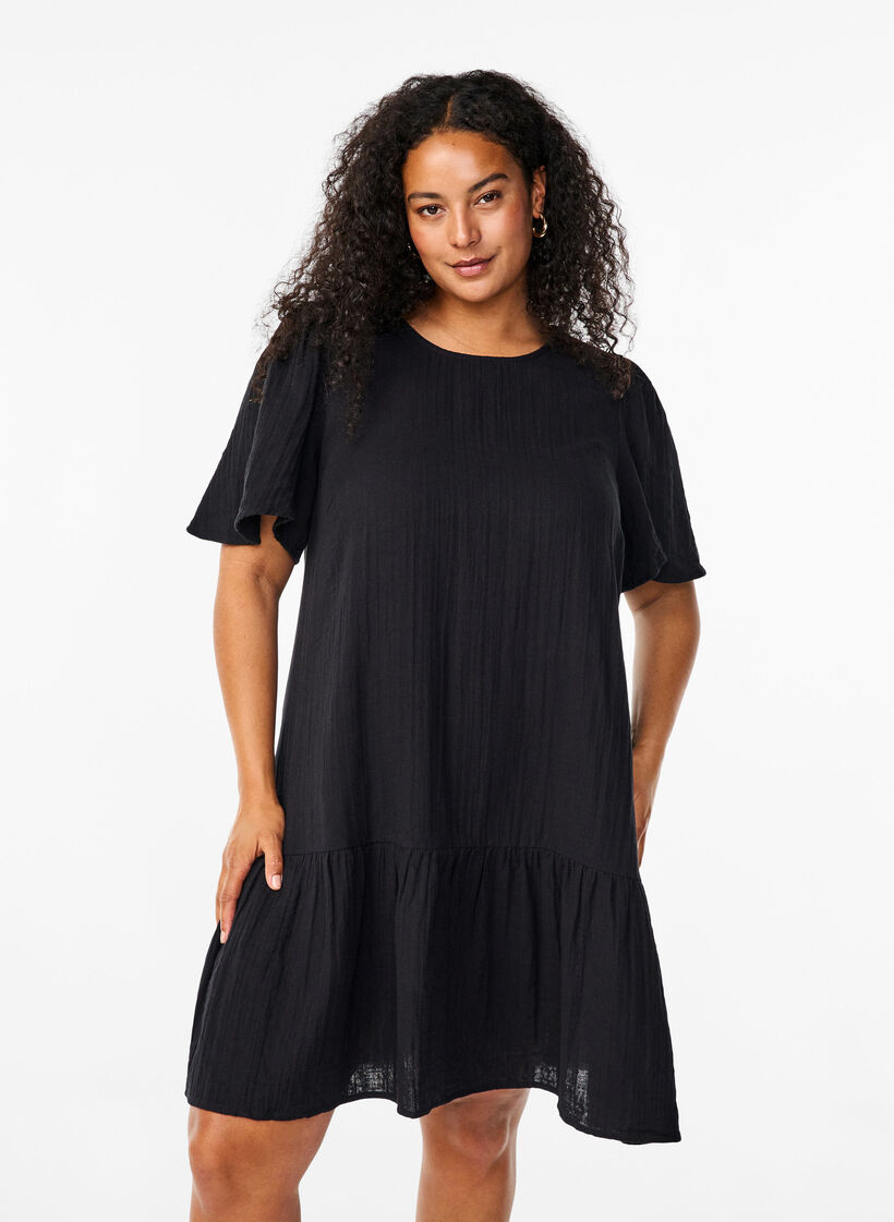 Robe &agrave; manches courtes en coton &agrave; une coupe &eacute;vas&eacute;e, Noir, Model image number 0