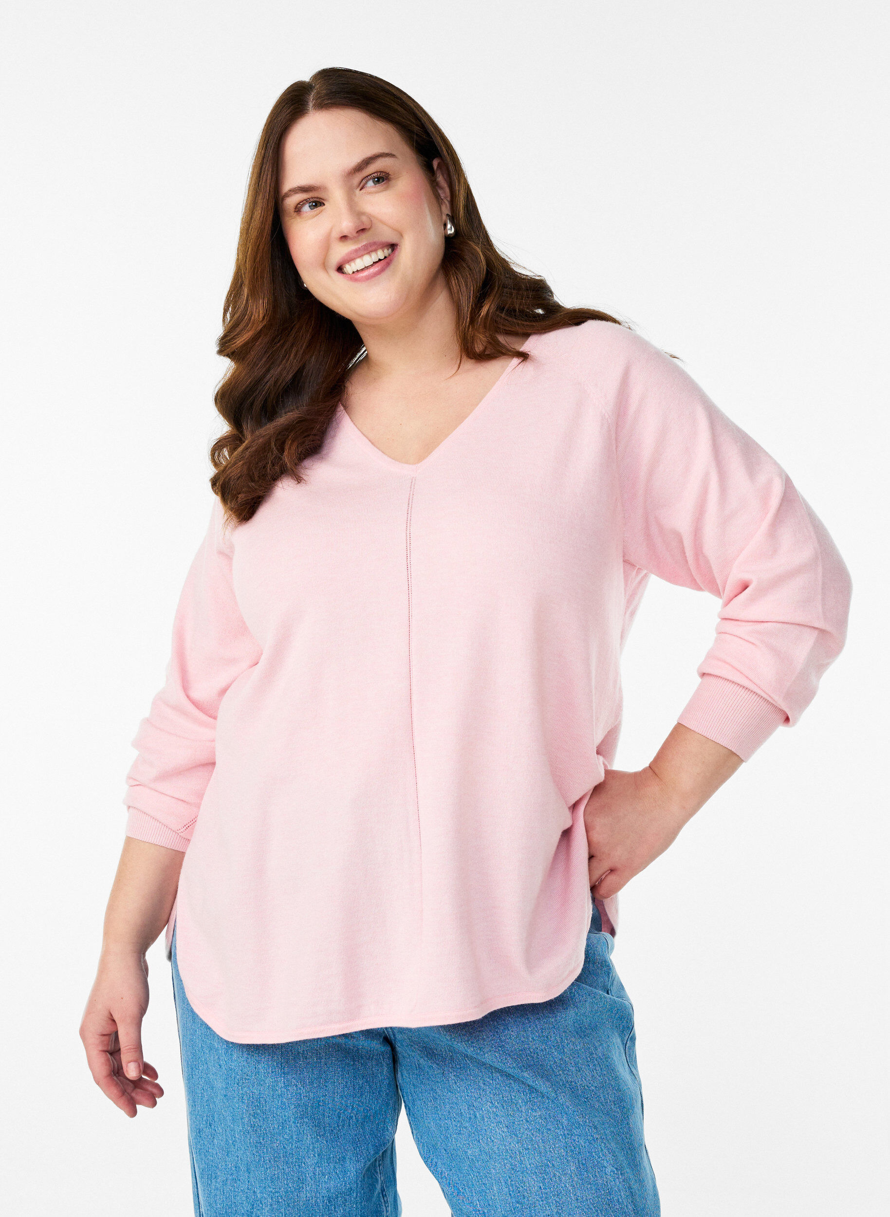 Blouse en fine maille avec col V et d&eacute;tail devant, Rose, Model