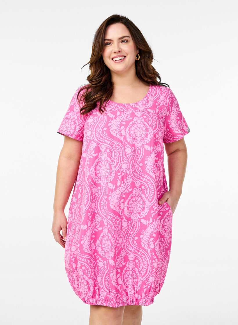 Kurz&auml;rmliges Baumwollkleid mit Aufdruck, Pink, Model image number 0