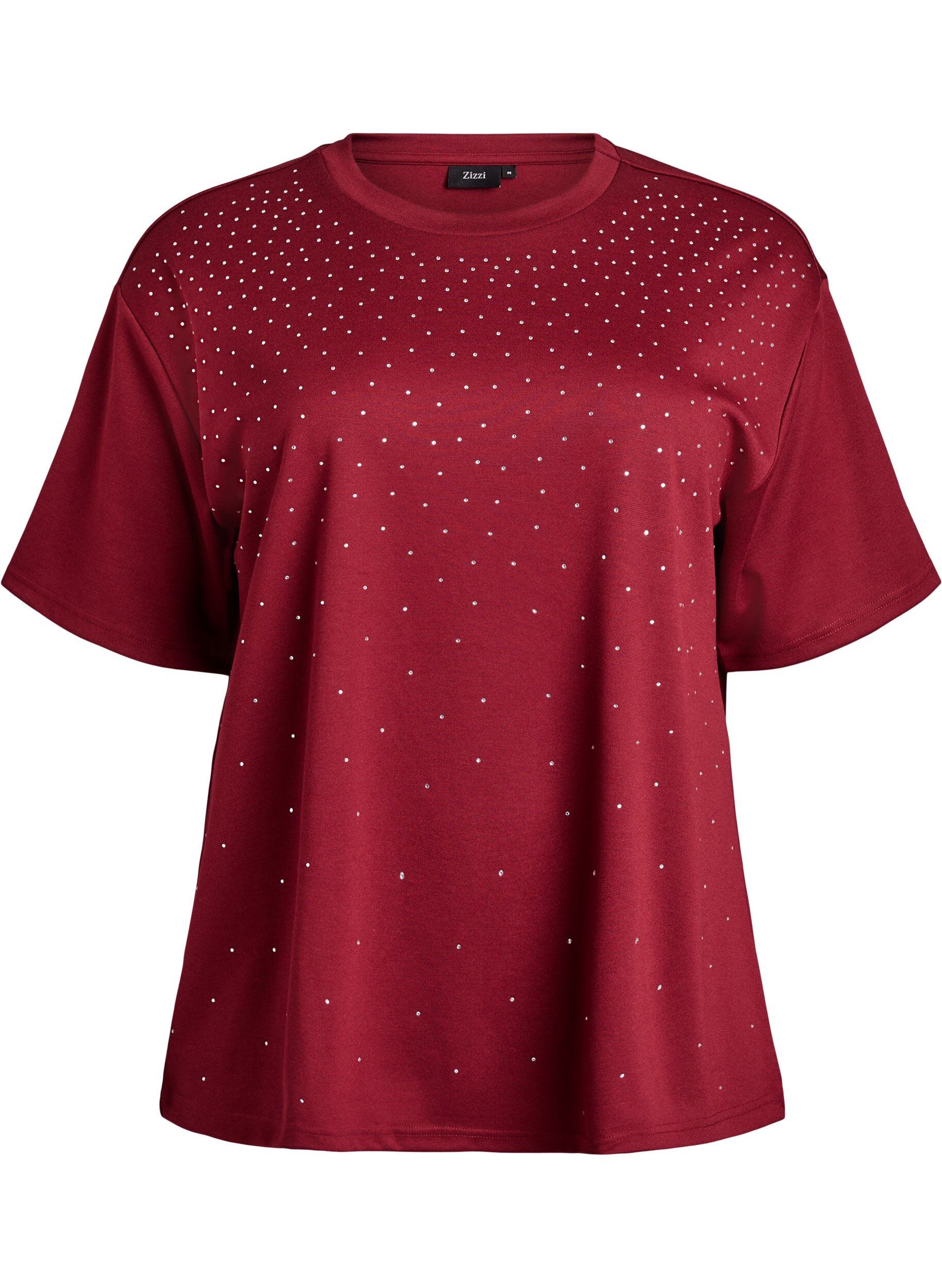 ZizziT-shirt avec strass et col rond, Bordeaux fonc&eacute;, Packshot image number 0