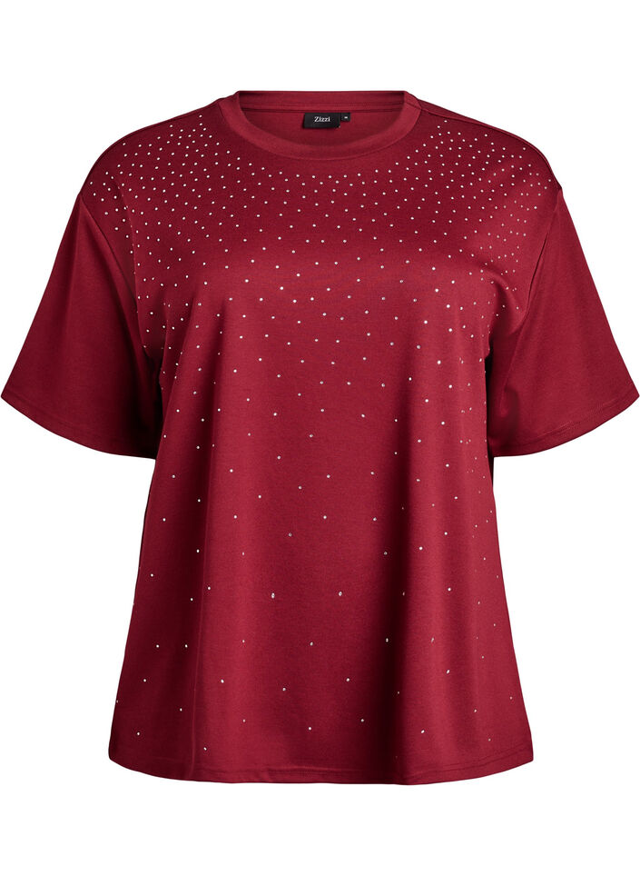 T-shirt avec strass et col rond, Bordeaux fonc&eacute;, Packshot image number 0
